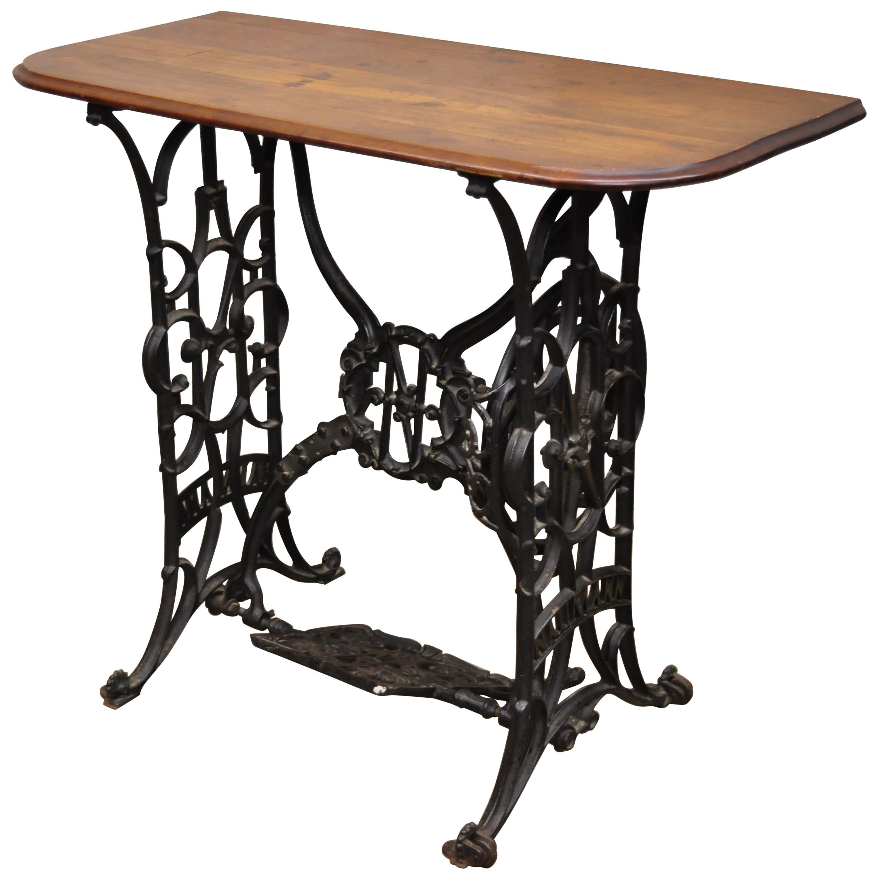 Naumann Cast Iron Victorian Sewing Machine Base with Wood Top Console Small Desk