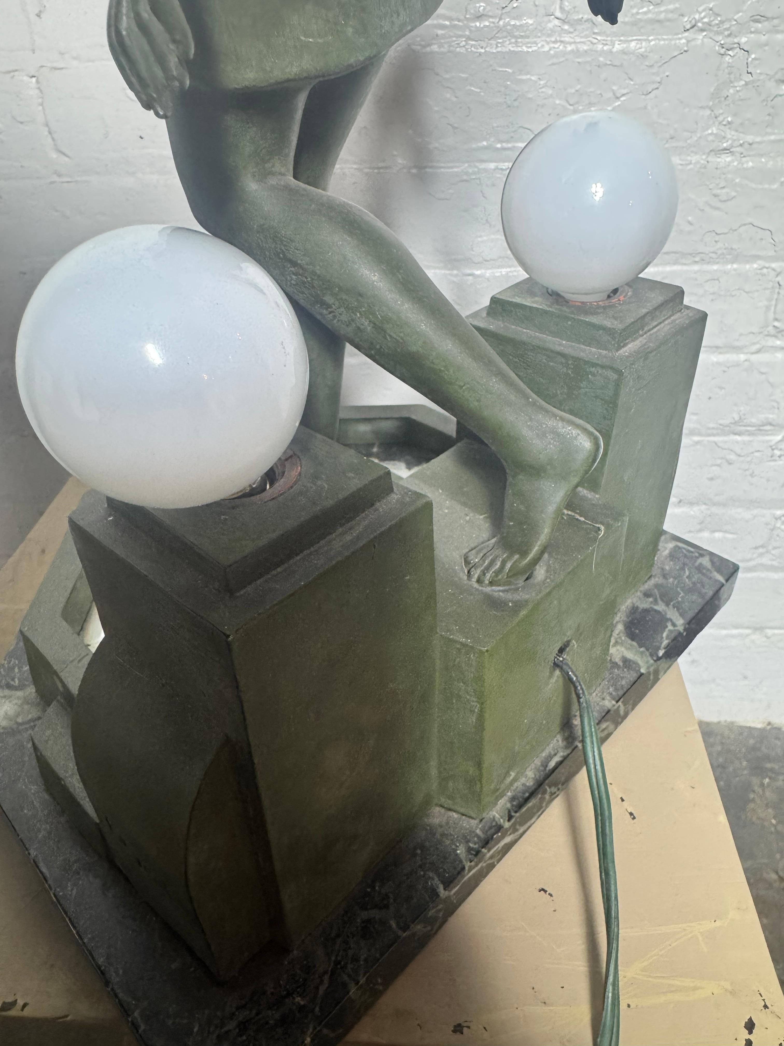 Nausicaa Art Deco Lamp Lady at a Fountain by Fayral for Max Le Verrier For Sale 10