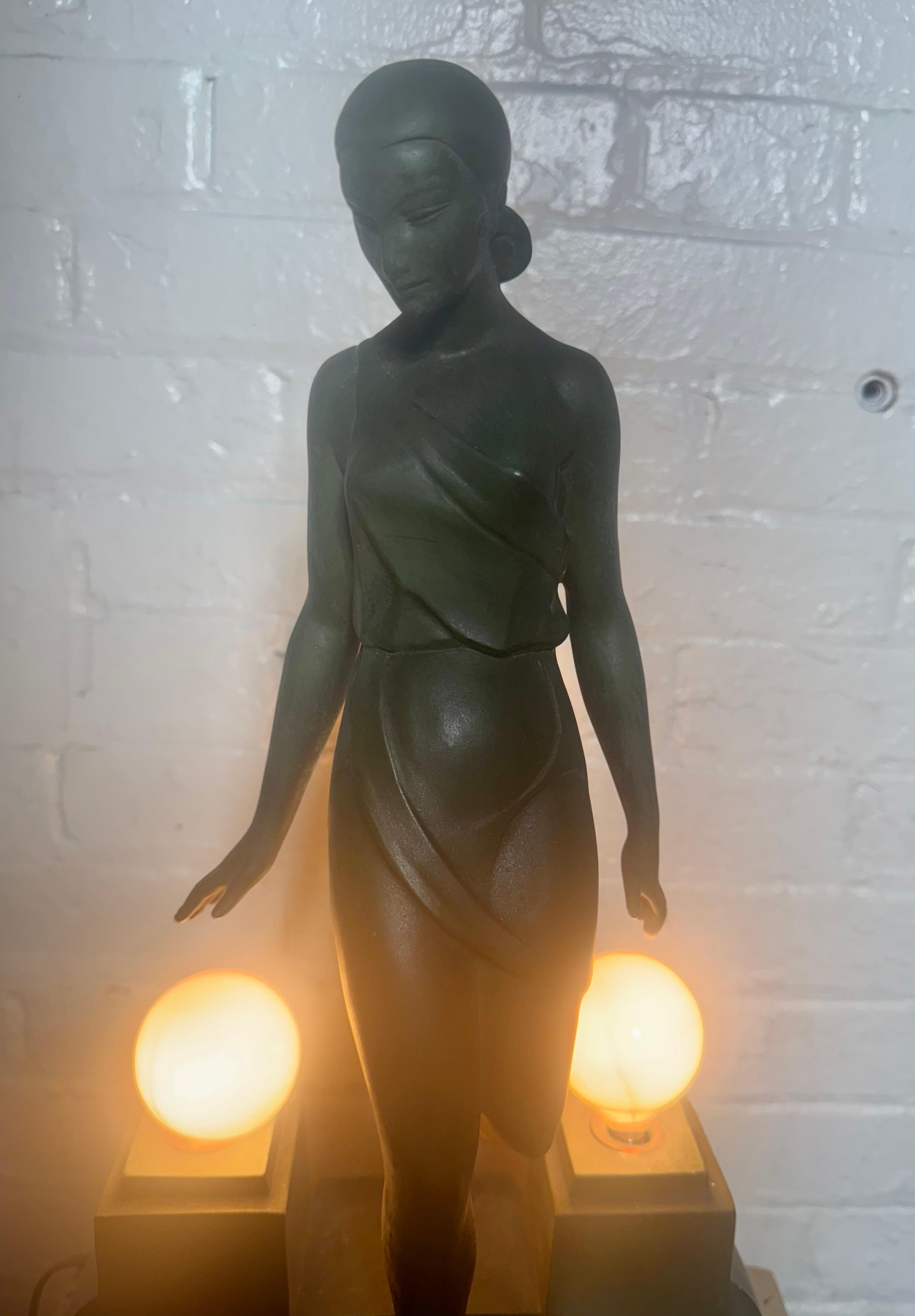Patinated Nausicaa Art Deco Lamp Lady at a Fountain by Fayral for Max Le Verrier For Sale