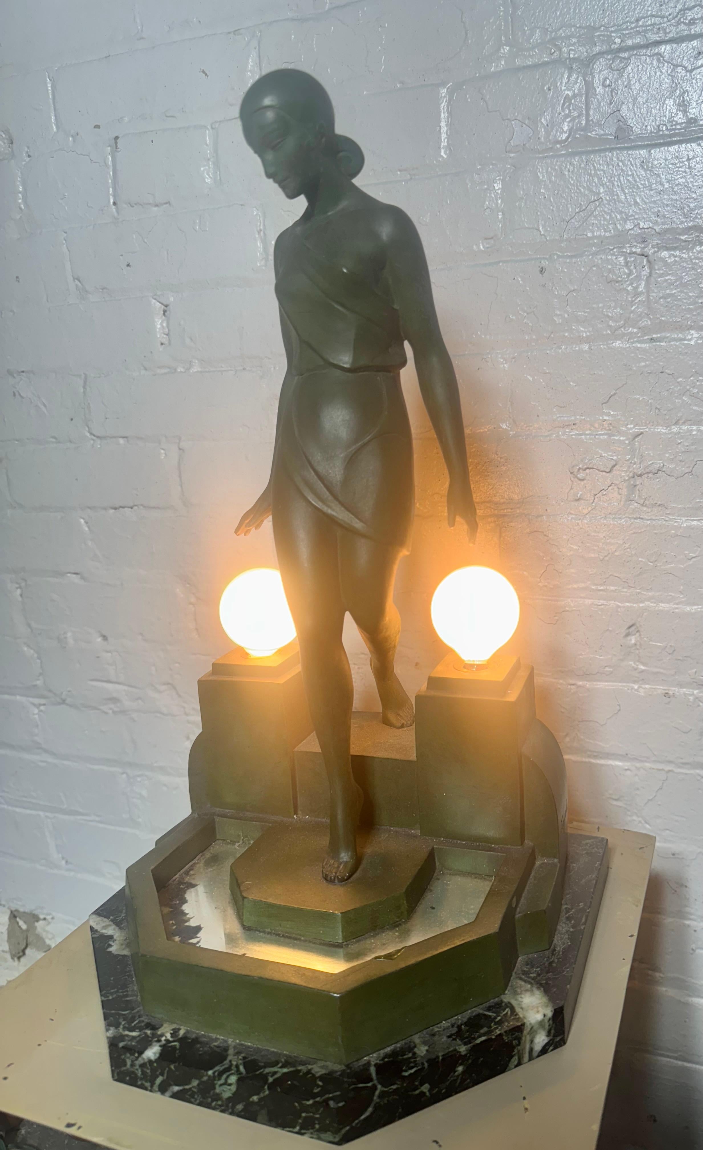 Mid-20th Century Nausicaa Art Deco Lamp Lady at a Fountain by Fayral for Max Le Verrier For Sale