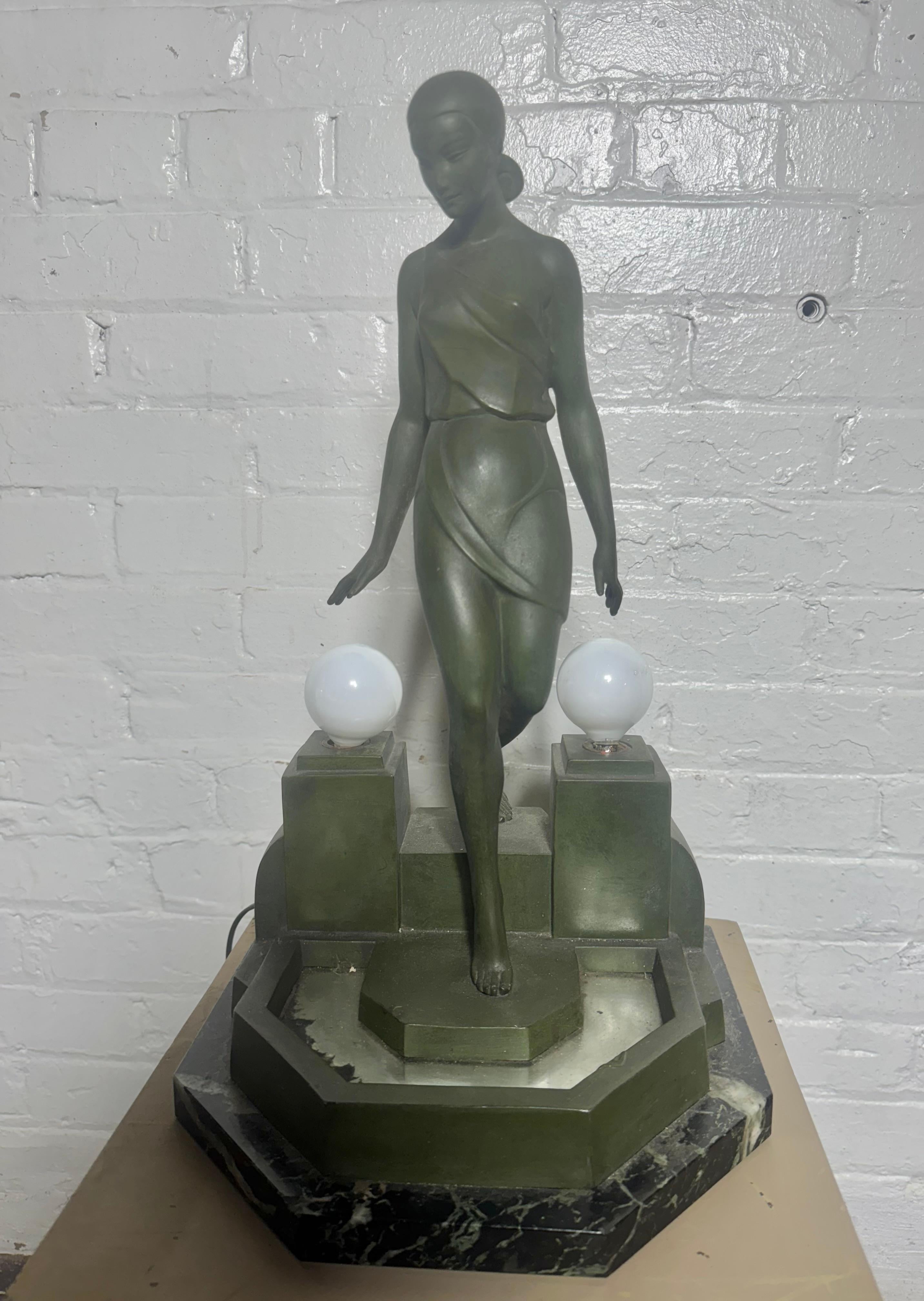 Metal Nausicaa Art Deco Lamp Lady at a Fountain by Fayral for Max Le Verrier For Sale