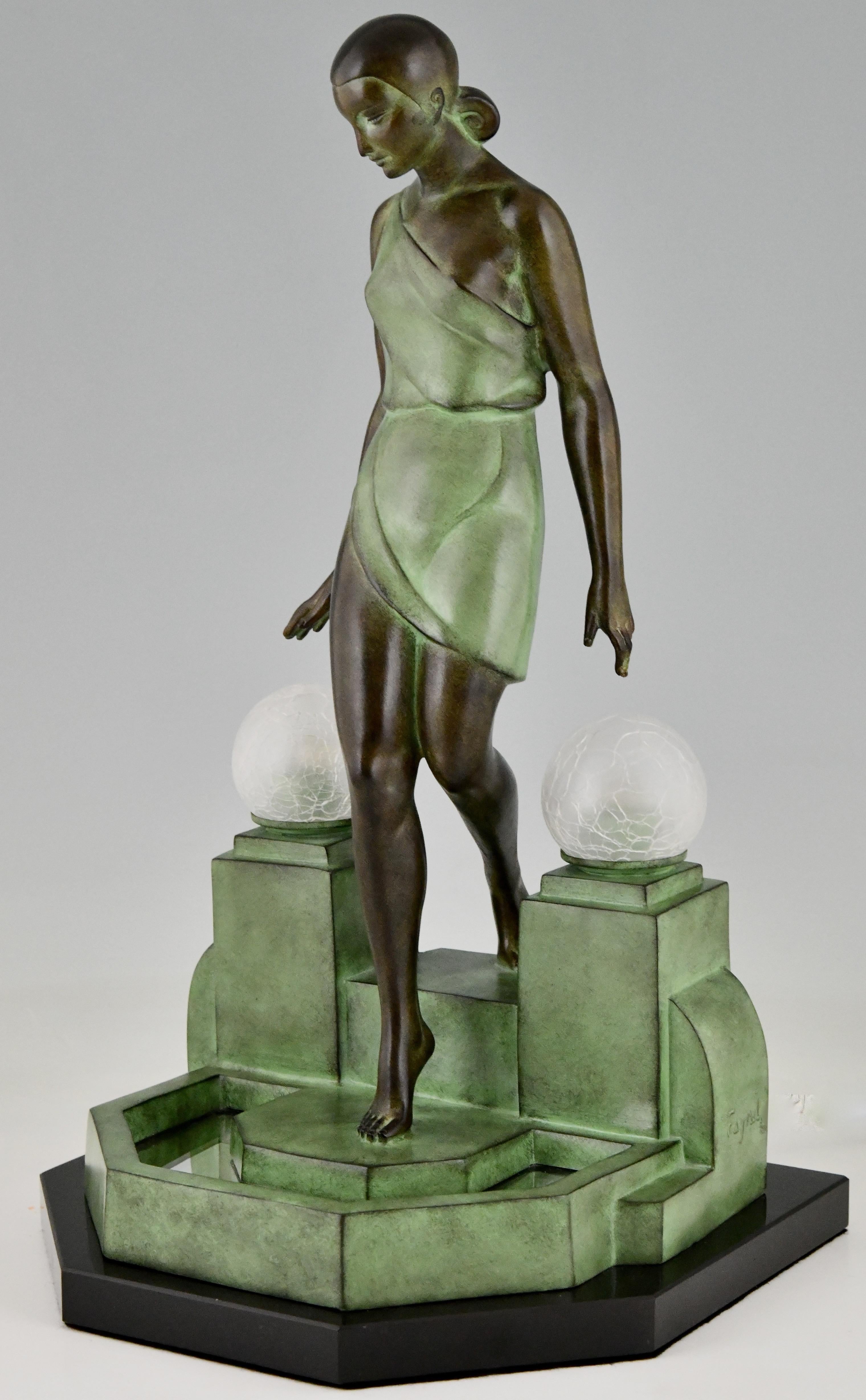 French Nausicaa Art Deco Style Lamp Lady at a Fountain by Fayral for Max Le Verrier
