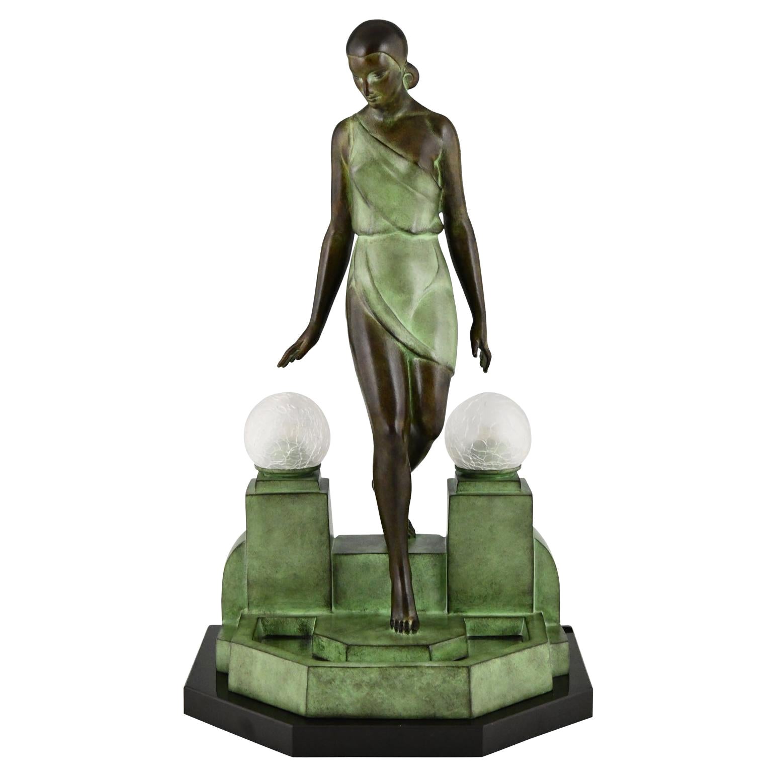 Nausicaa Art Deco Style Lamp Lady at a Fountain by Fayral for Max Le Verrier For Sale