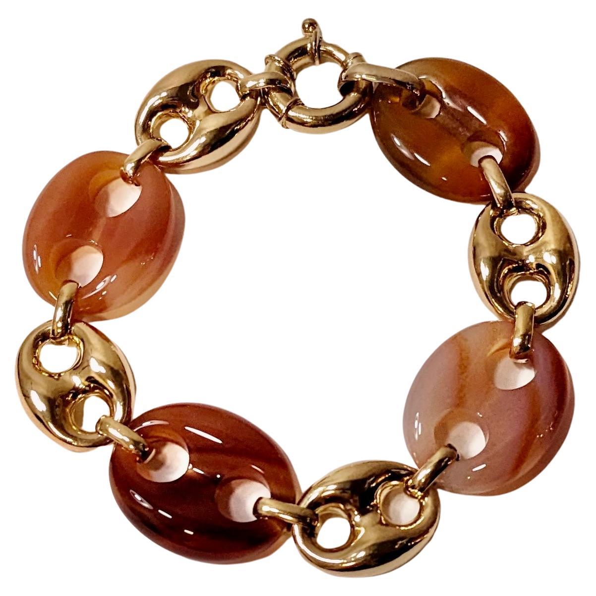 Bracelet à maillons ancre nautique en or jaune massif 18 carats et cornaline rouge