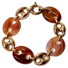 Used Nautical Anchor Link Bracelet 18 Karat Solid Yellow Gold and Red Carnelian