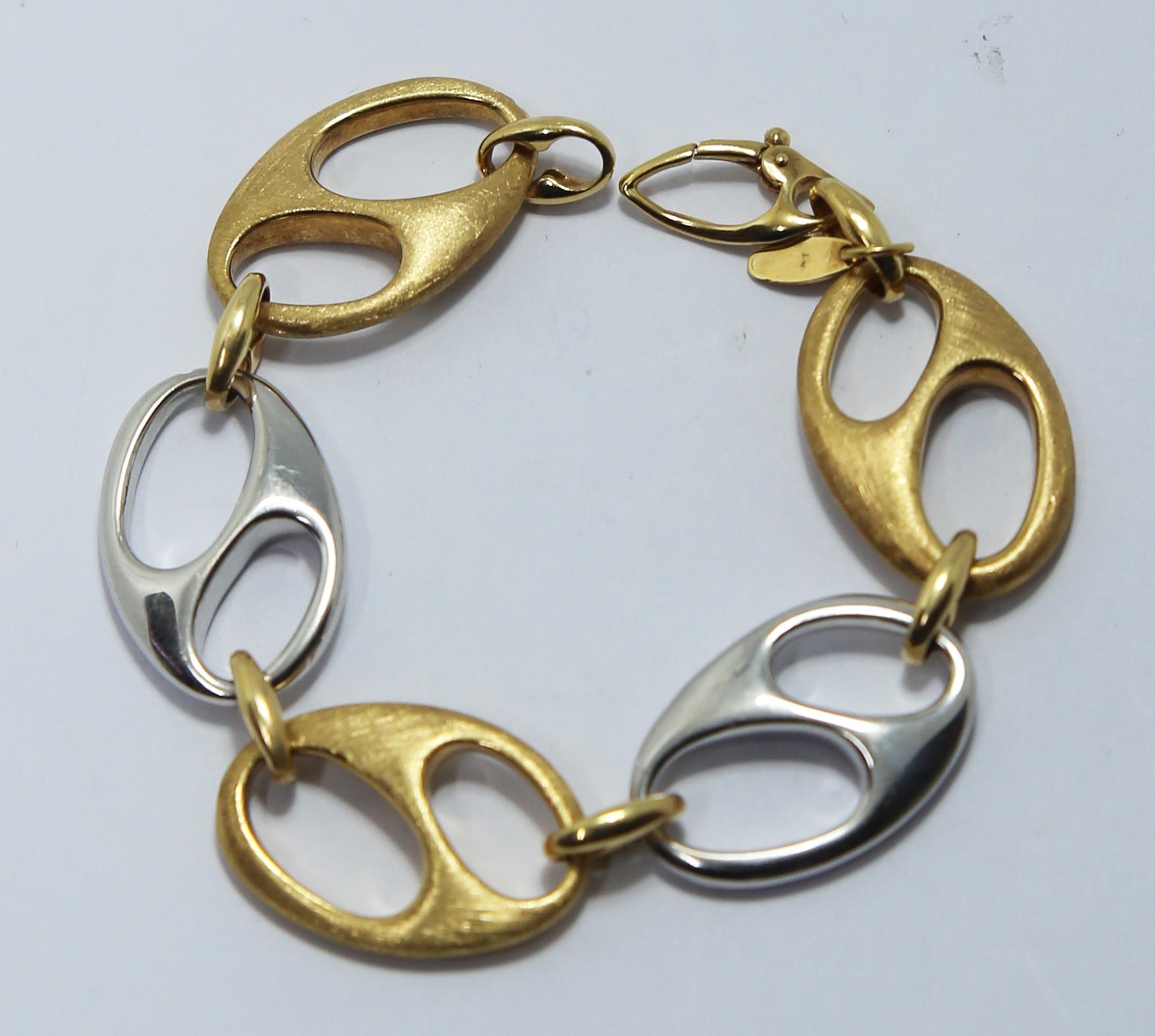 Contemporary Nautical Anchor Link Bracelet 18 Karat White Gold and Yellow Satined Gold