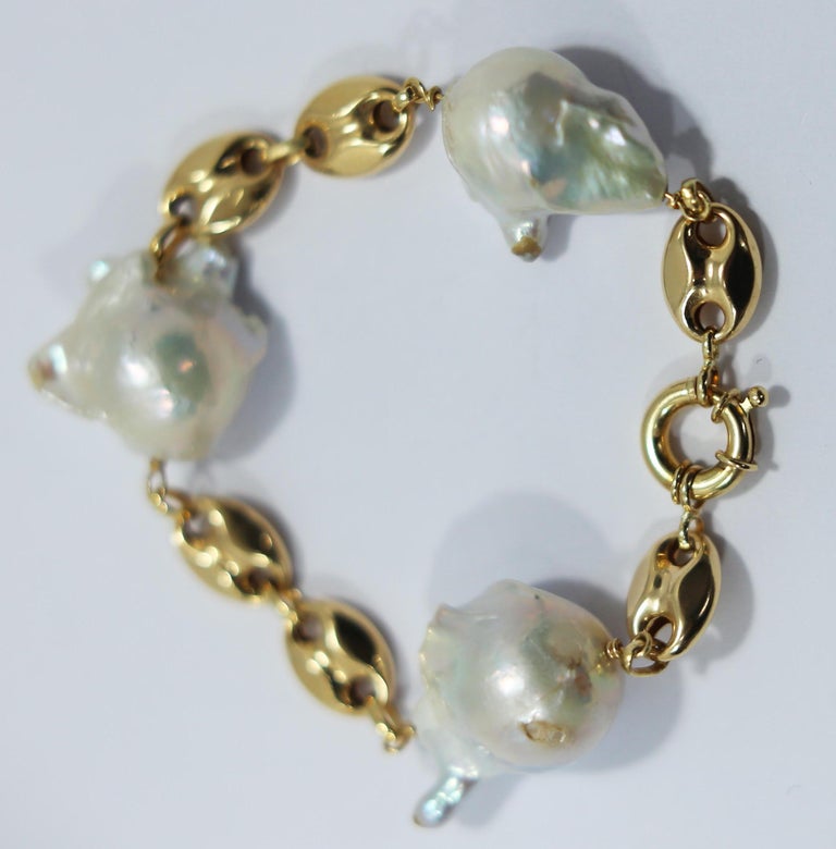 Nautical Anchor Link Bracelet 18 Karat Yellow Gold and Mabé Pearls at