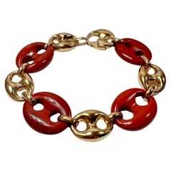Nautical Anchor Link Bracelet 18K Solid Yellow Gold and Intense Red Jasper