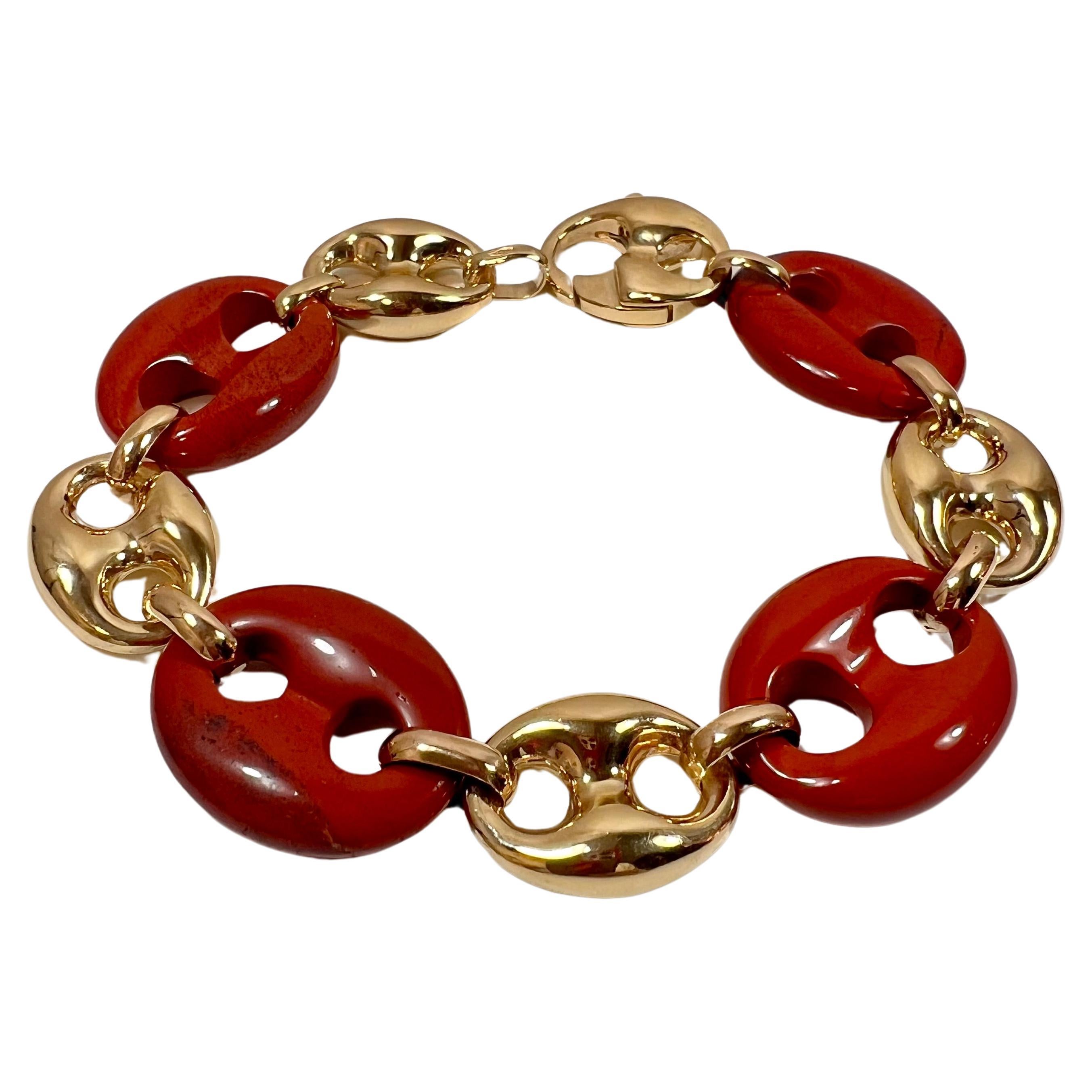 Nautical Anchor Link Bracelet 18K Solid Yellow Gold and Intense Red Jasper