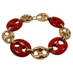 Used Nautical Anchor Link Bracelet 18K Solid Yellow Gold and Intense Red Jasper