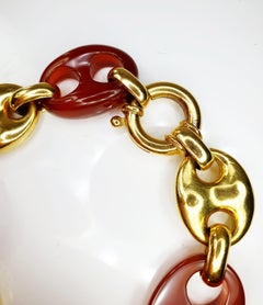 Nautisches Anker-Gliederarmband aus 18 Karat massivem Gelbgold und rotem Karneol