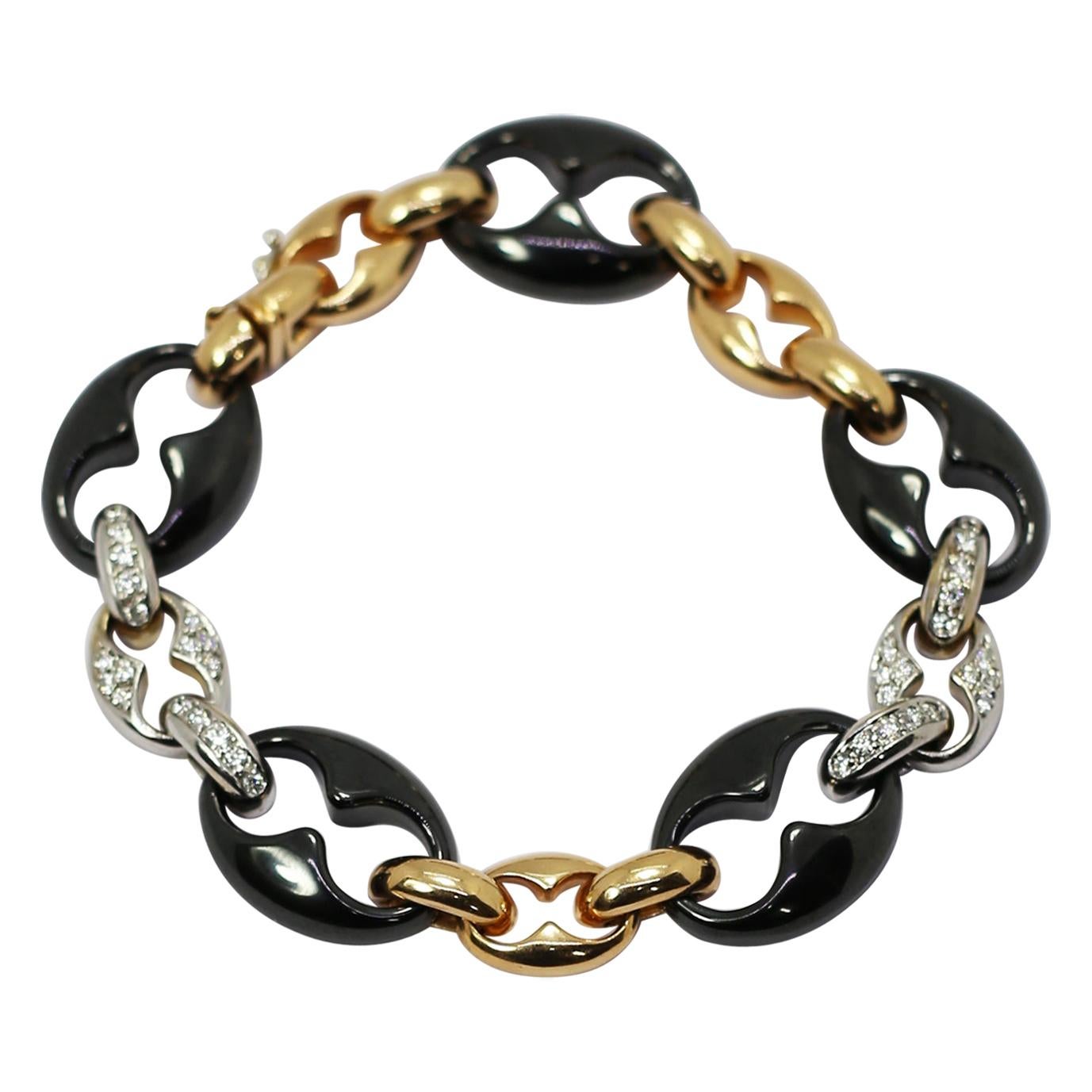 Bracelet à maillons ancre nautique en or jaune 18 carats, porcelaine noire et diamants blancs en vente