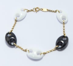 Nautical Anchor Link Bracelet 18k Yellow Gold Chain, Black and White Porcelain