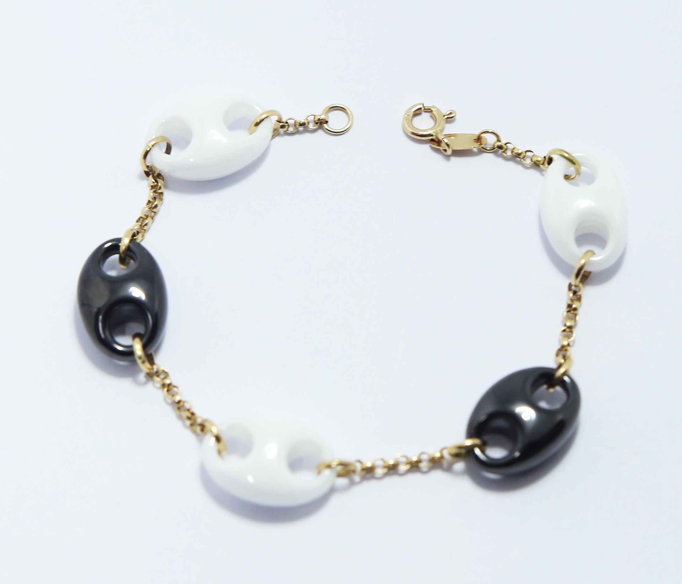 Nautical Anchor Link Bracelet 18k Yellow Gold Chain, Black and White Porcelain 1
