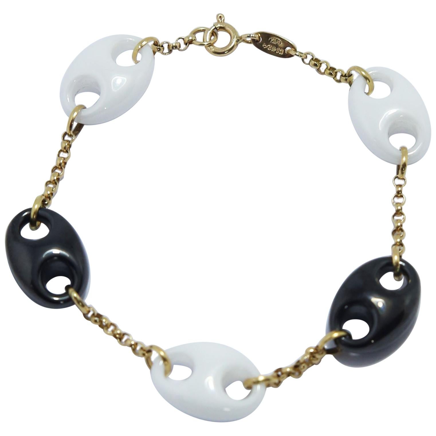 Nautical Anchor Link Bracelet 18k Yellow Gold Chain, Black and White Porcelain