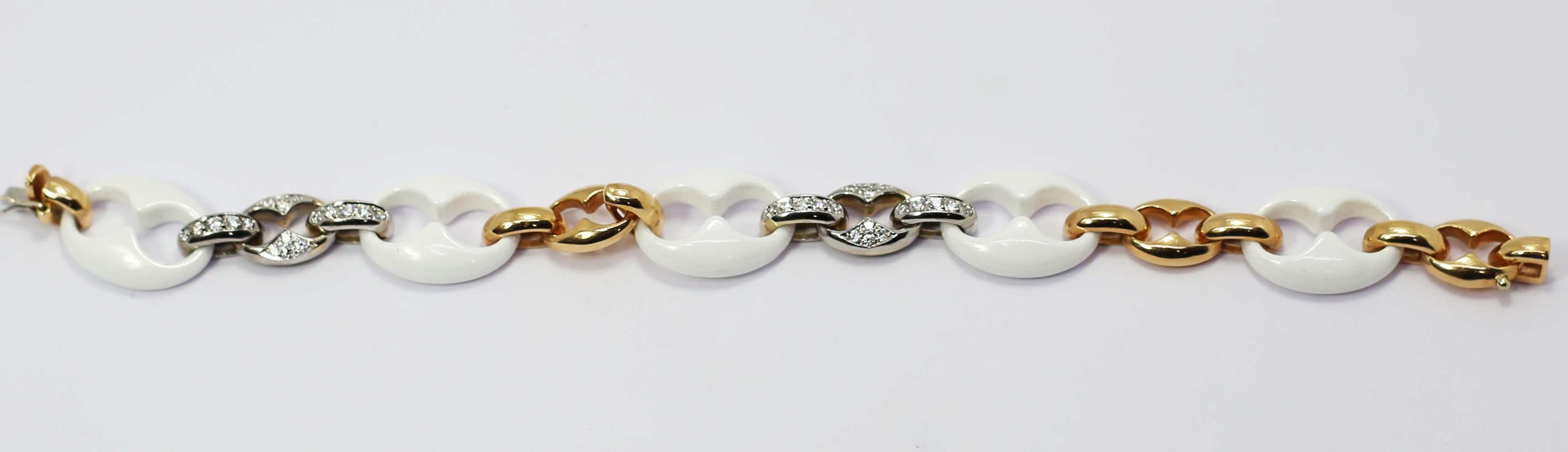 Nautical Anchor Link Bracelet 18k Yellow Gold, white Porcelain & White Diamonds In New Condition For Sale In Bilbao, ES