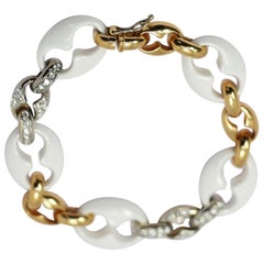 Nautical Anchor Link Bracelet 18k Yellow Gold, white Porcelain & White Diamonds