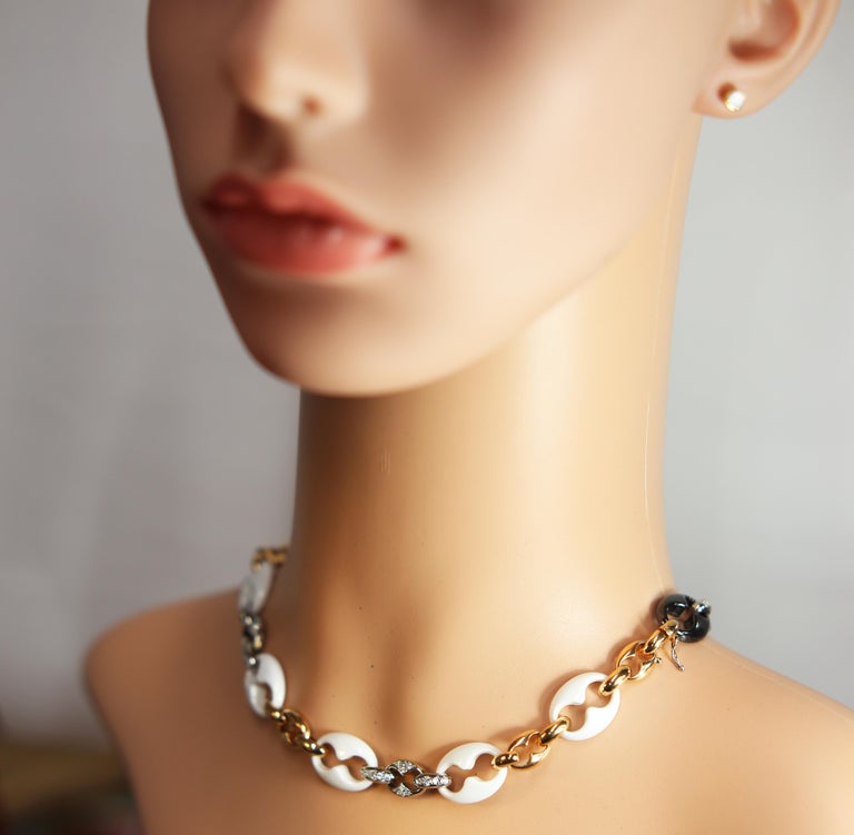 Nautical Anchor Link Necklace 18k Yellow Gold, White and Black