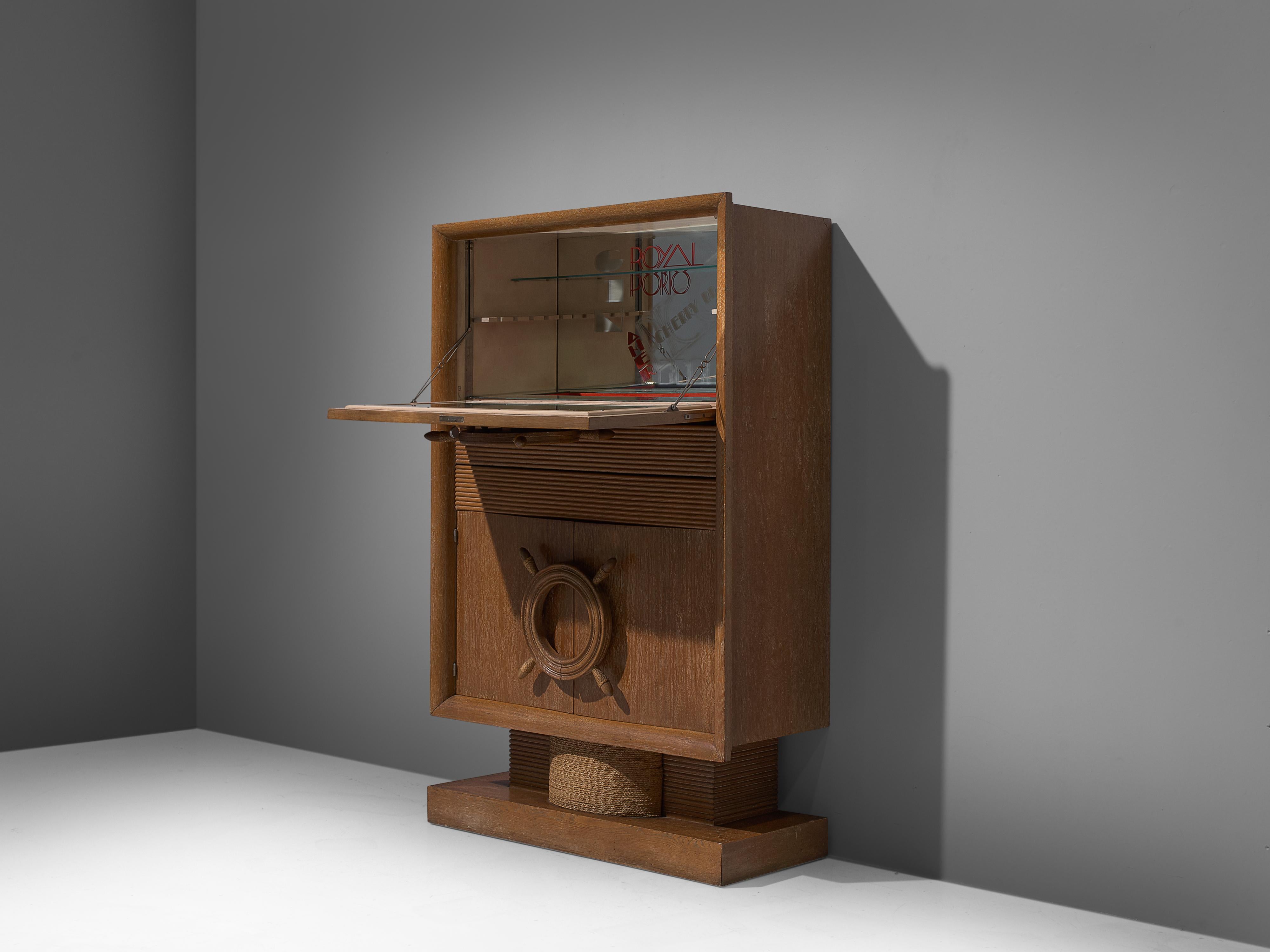 Art Deco Nautical Bar Cabinet in Oak in Style of Charles Dudouyt