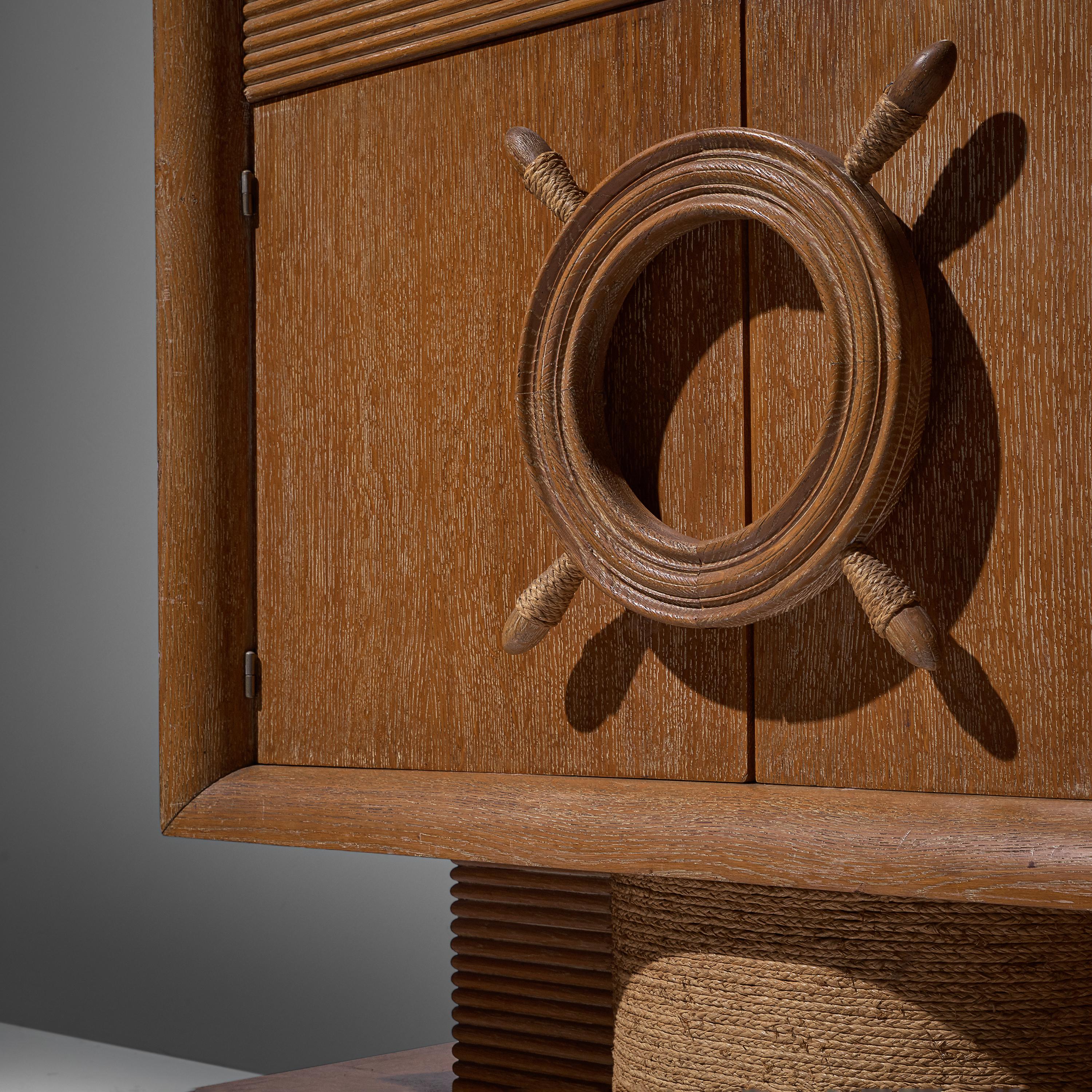 French Nautical Bar Cabinet in Oak in Style of Charles Dudouyt
