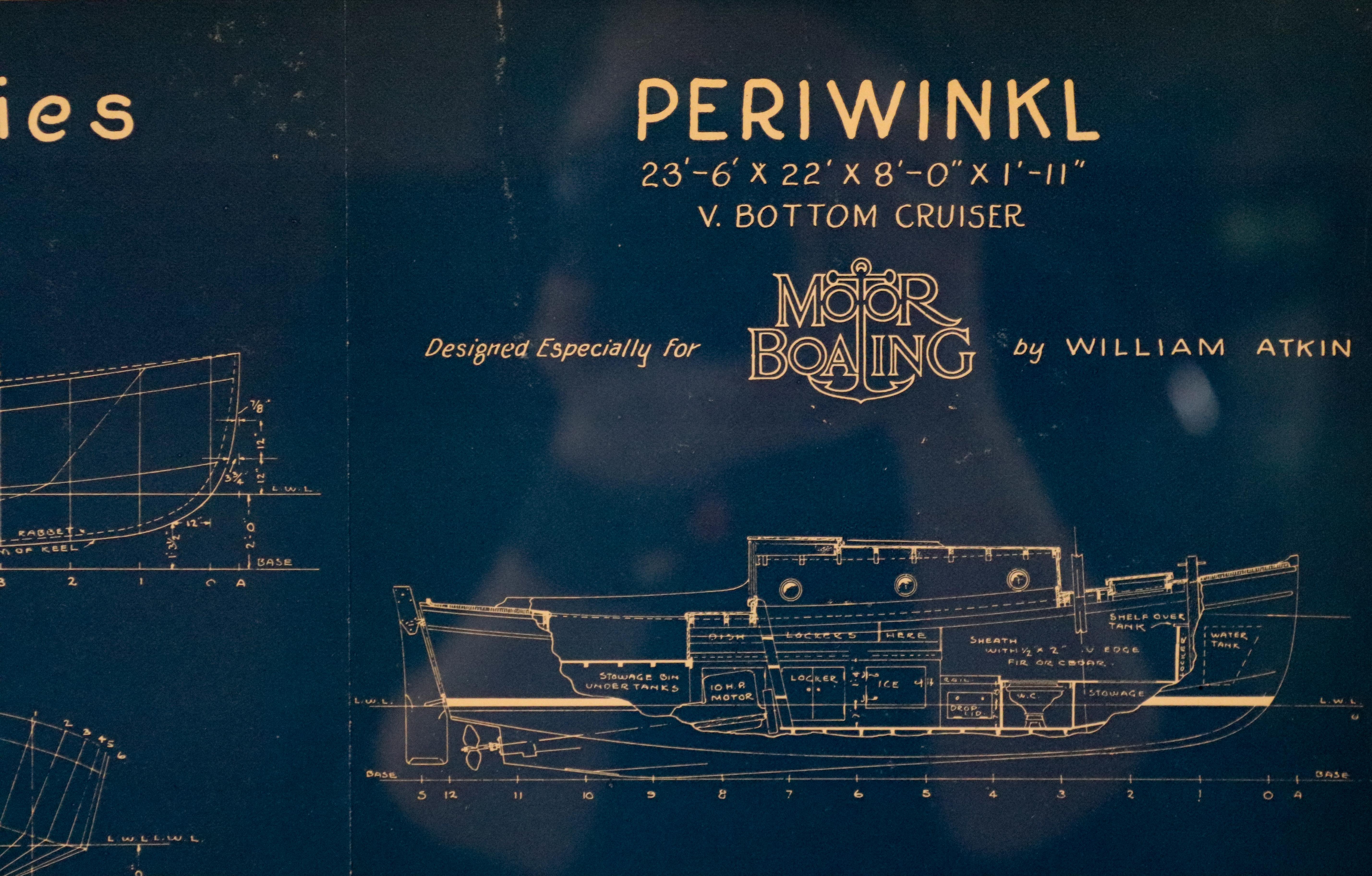 Original blueprint of a 23-foot V bottom cruiser drawn by William Atkin and published by Motor Boating Magazine's 