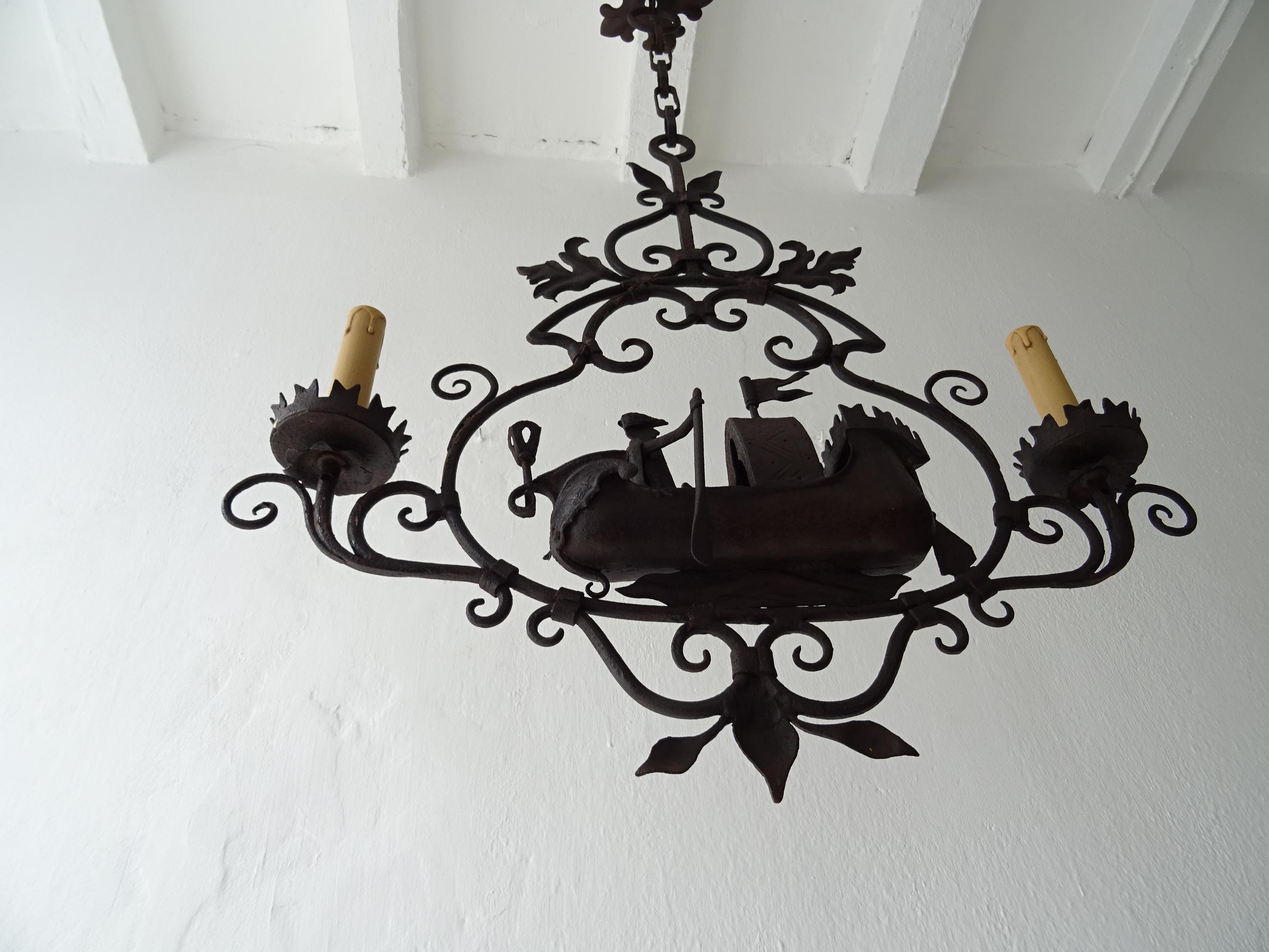 Early 20th Century Nautical Boat Ship Chandelier Wrought Iron Venetian Cocca Anseatica, circa 1900 For Sale