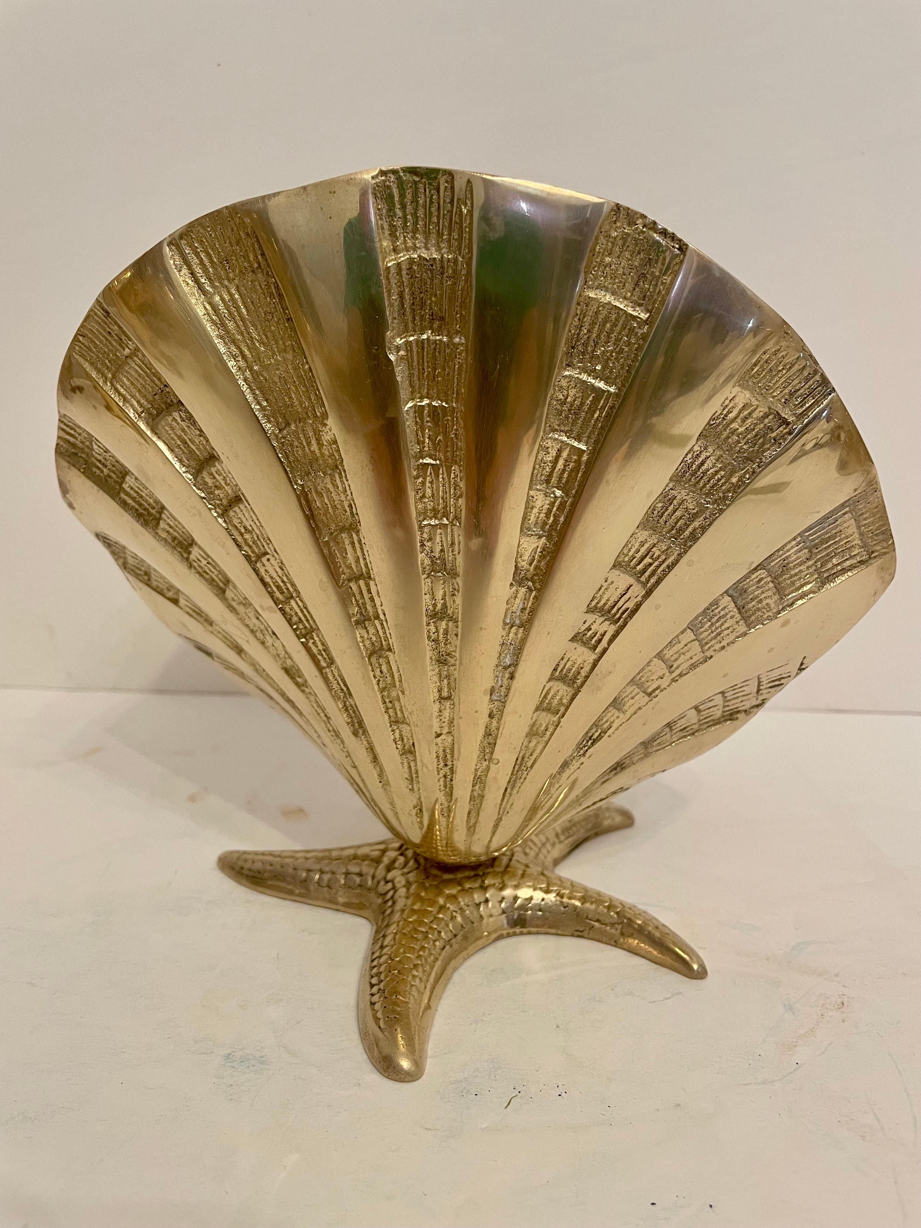 Mid-20th Century Nautical Brass Sea Shell on Starfish Base Planter