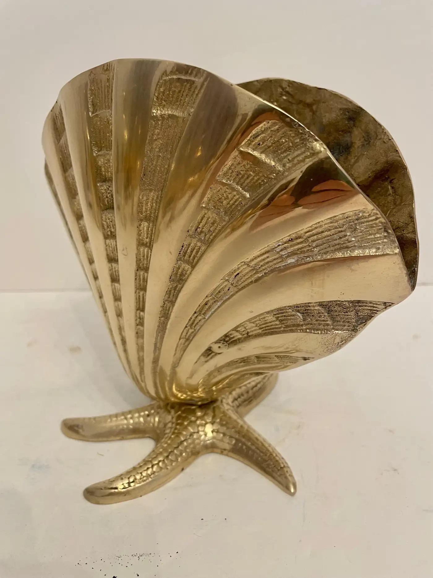 Nautical Brass Sea Shell on Starfish Base Planter QUICK SHIP In Good Condition For Sale In New York, NY