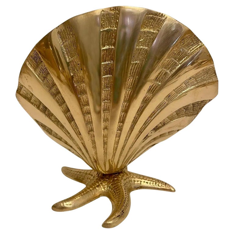 Giant Brass Nautical Clam Shell Seashell on Starfish Base Planter Sculpture  For Sale at 1stDibs