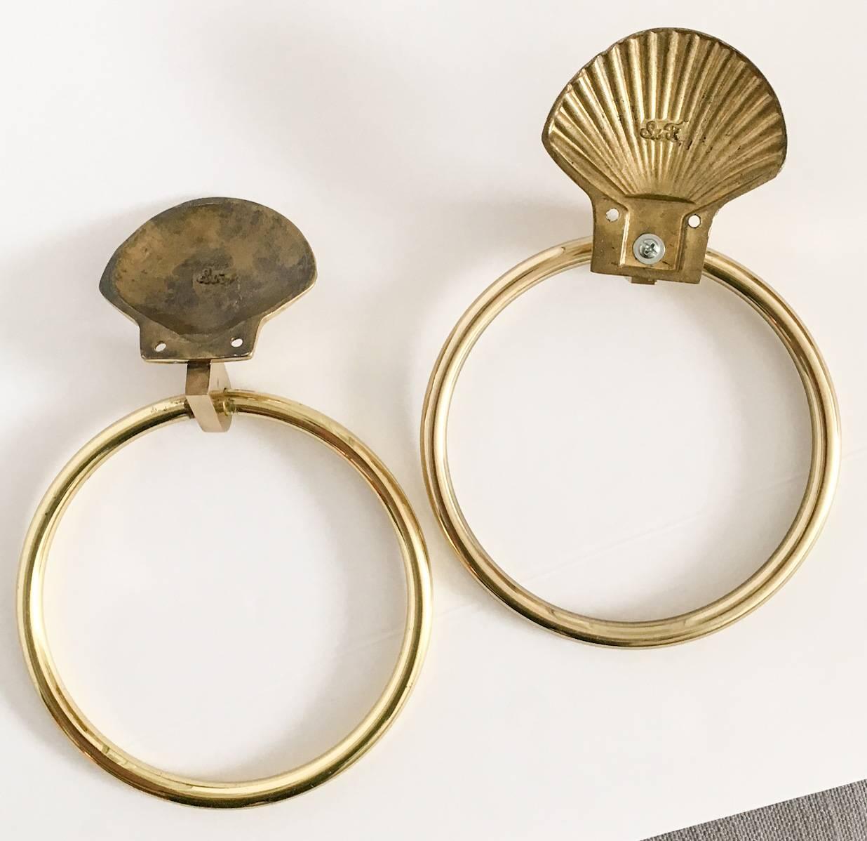 Unknown Nautical Brass Seashell Guest Towel Rings, Pair