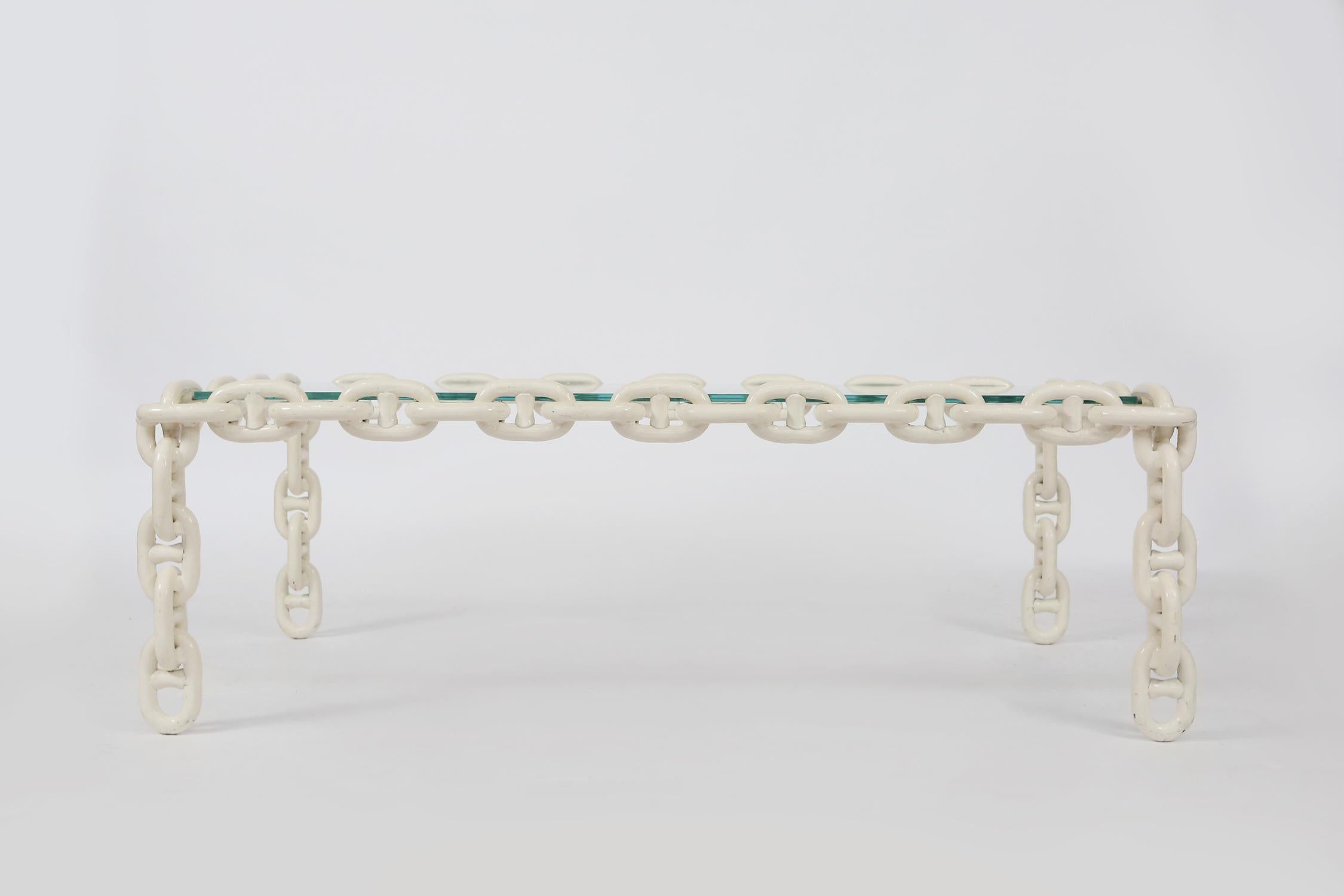 Belgian Nautical Brutalist Chain Link Coffee Table in White Steel and Safety Glass, 1970 For Sale