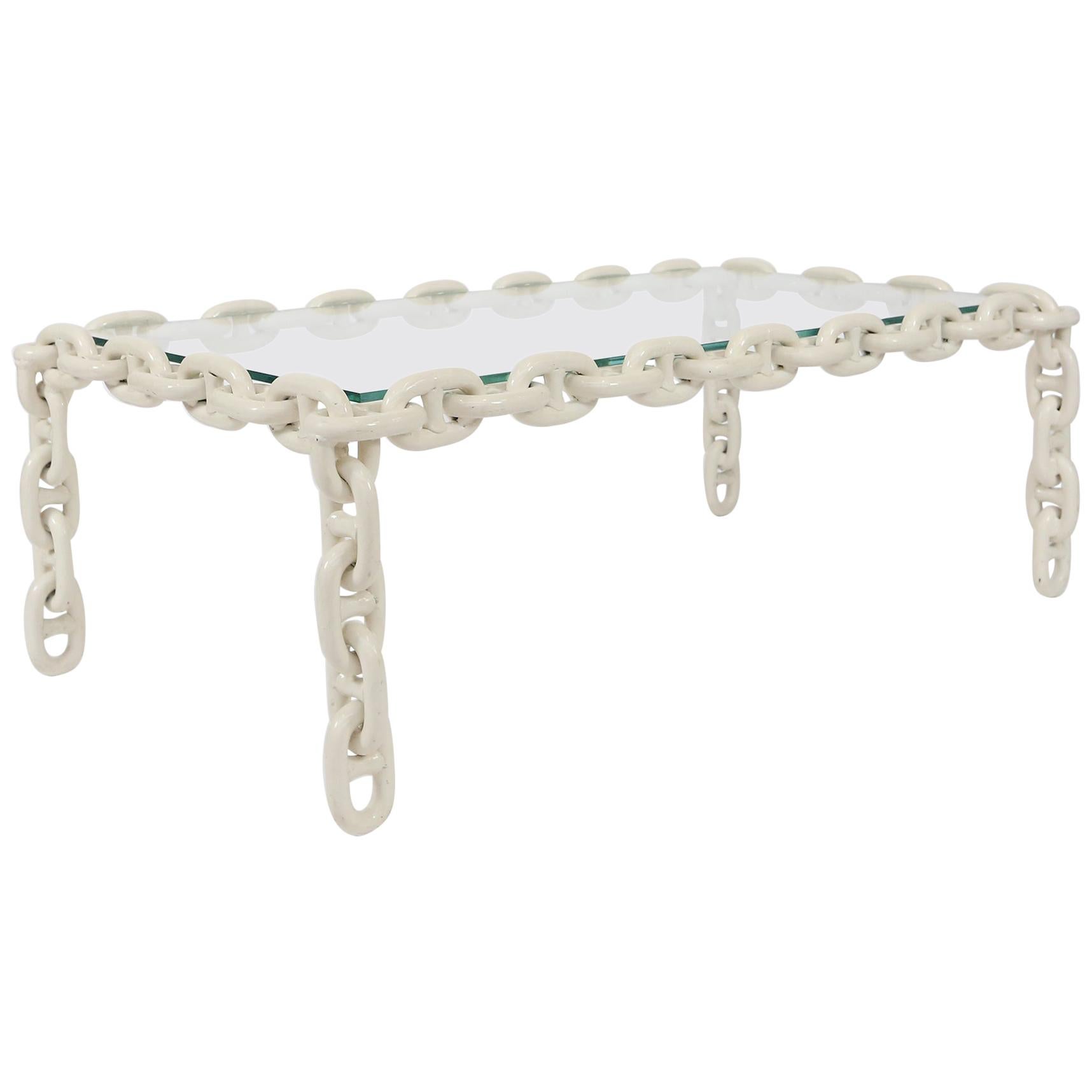 Nautical Brutalist Chain Link Coffee Table in White Steel and Safety Glass, 1970 For Sale