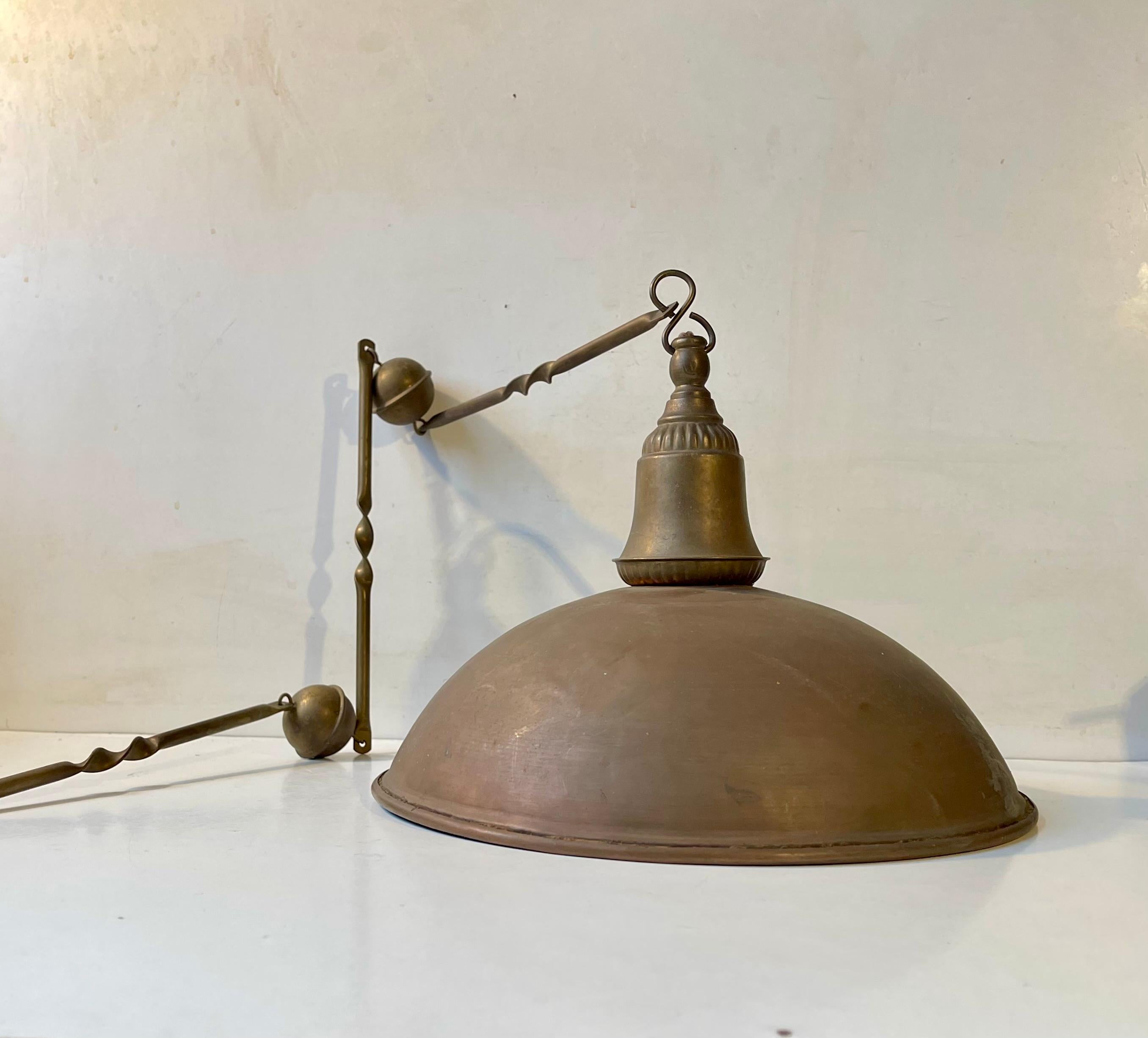 Mid-20th Century Nautical Chain Suspended Hanging Lamp in Brass and Copper, 1930s For Sale
