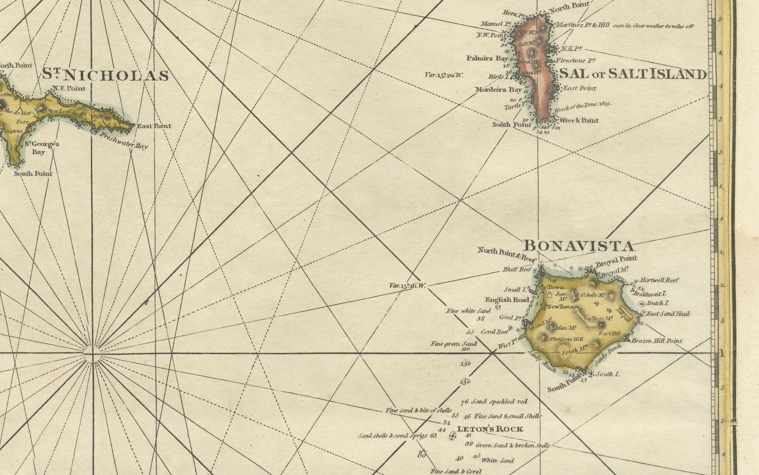 Carta Náutica de las Islas de Cabo Verde por J.W. Norie, Mapa costero de 1824 siglo XIX en venta