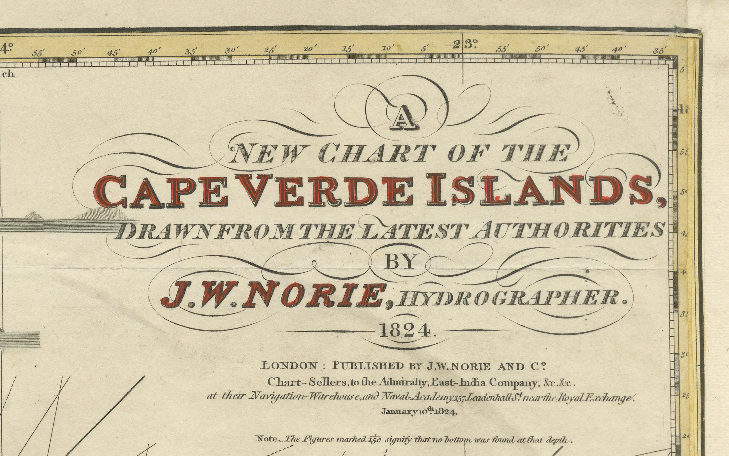 Carta Náutica de las Islas de Cabo Verde por J.W. Norie, Mapa costero de 1824 Papel en venta