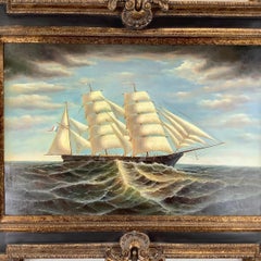 Nautical Clipper Ship Painting in Ornate Wood Frame