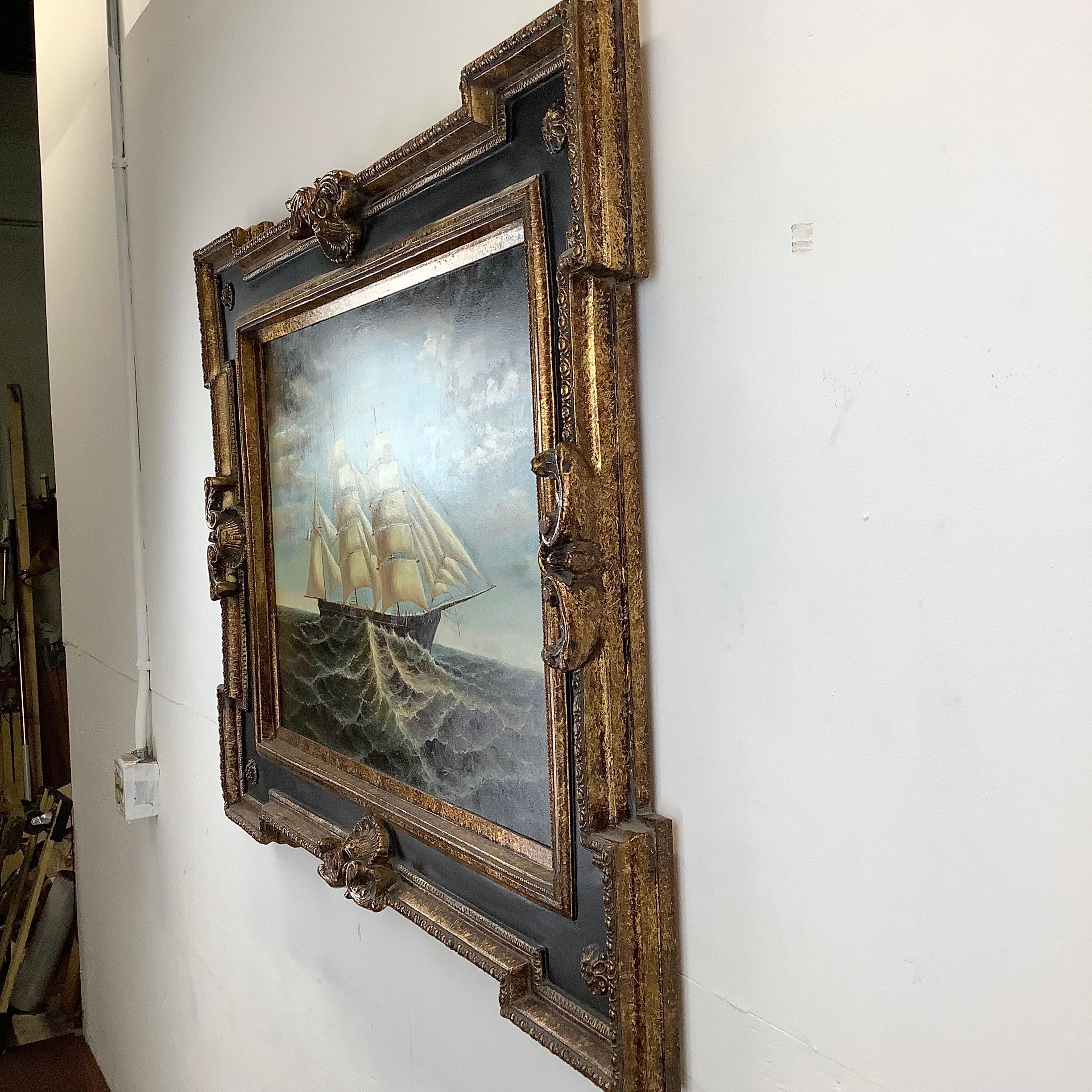 Nautical Clipper Ship Painting in Ornate Wood Frame 1