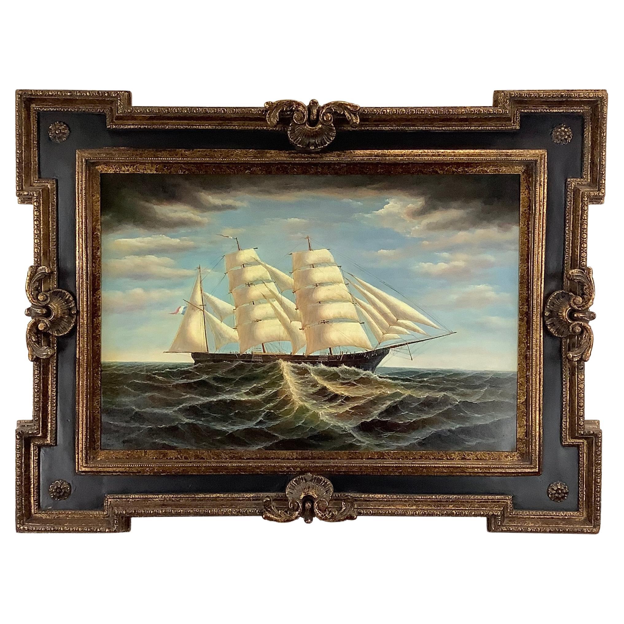 Nautical Clipper Ship Painting in Ornate Wood Frame