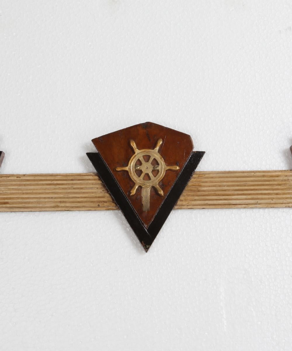 Nautical Teak and Brass Coat Hooks from a 1970s Cruise Ship In Good Condition In Nantucket, MA