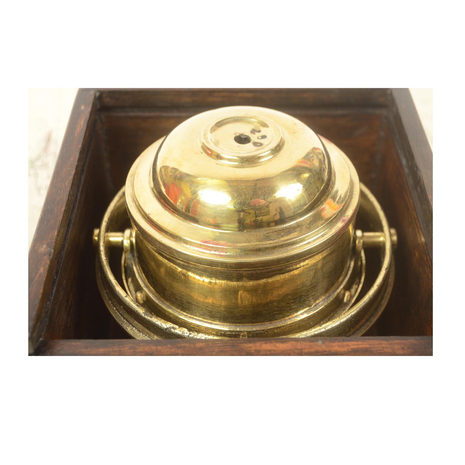 Brass Nautical Compass in Its Original Oak Box Signed Iver C. Weilbach & C. Copenhagen