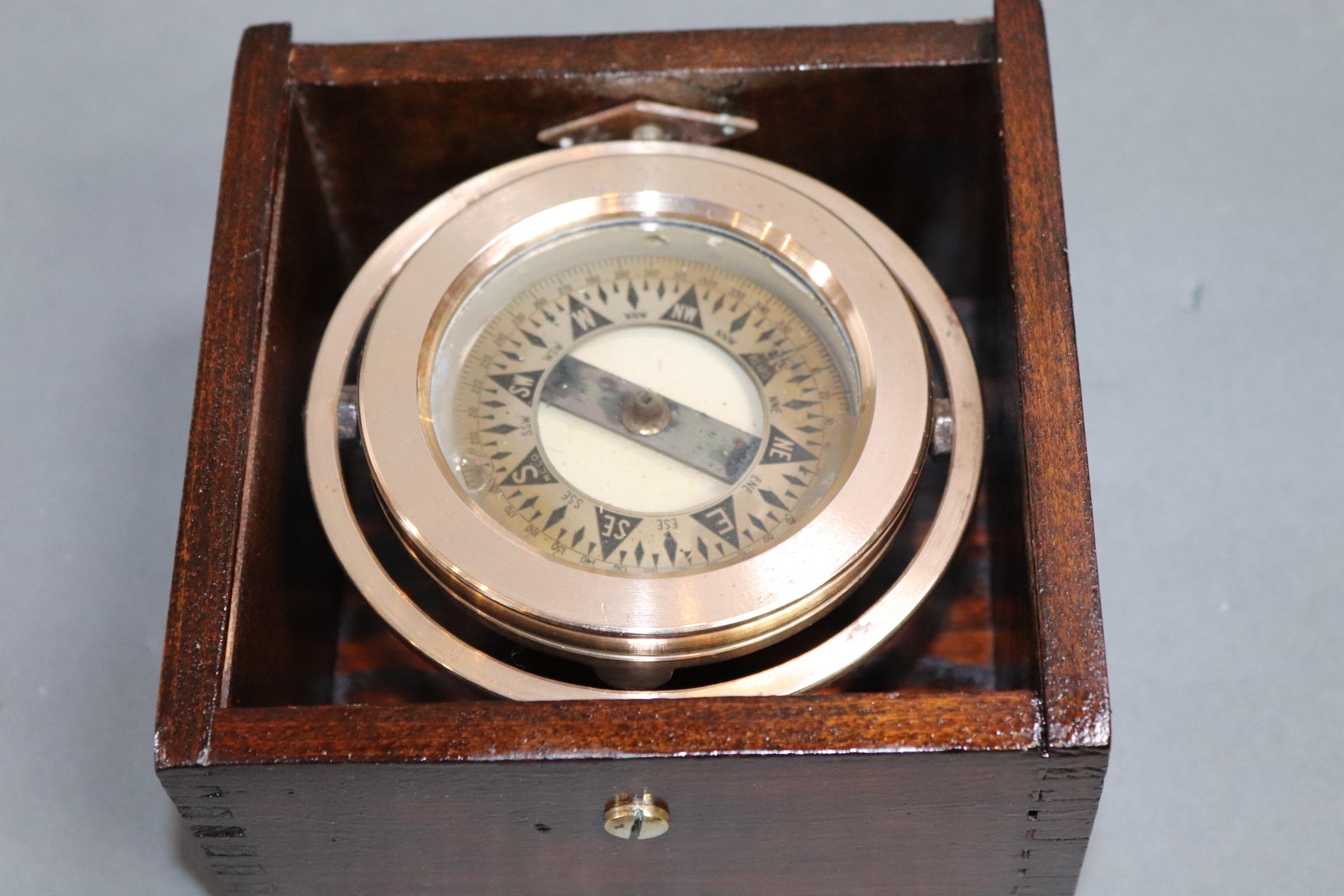 Mid-20th Century Nautical Compass in Varnished Box