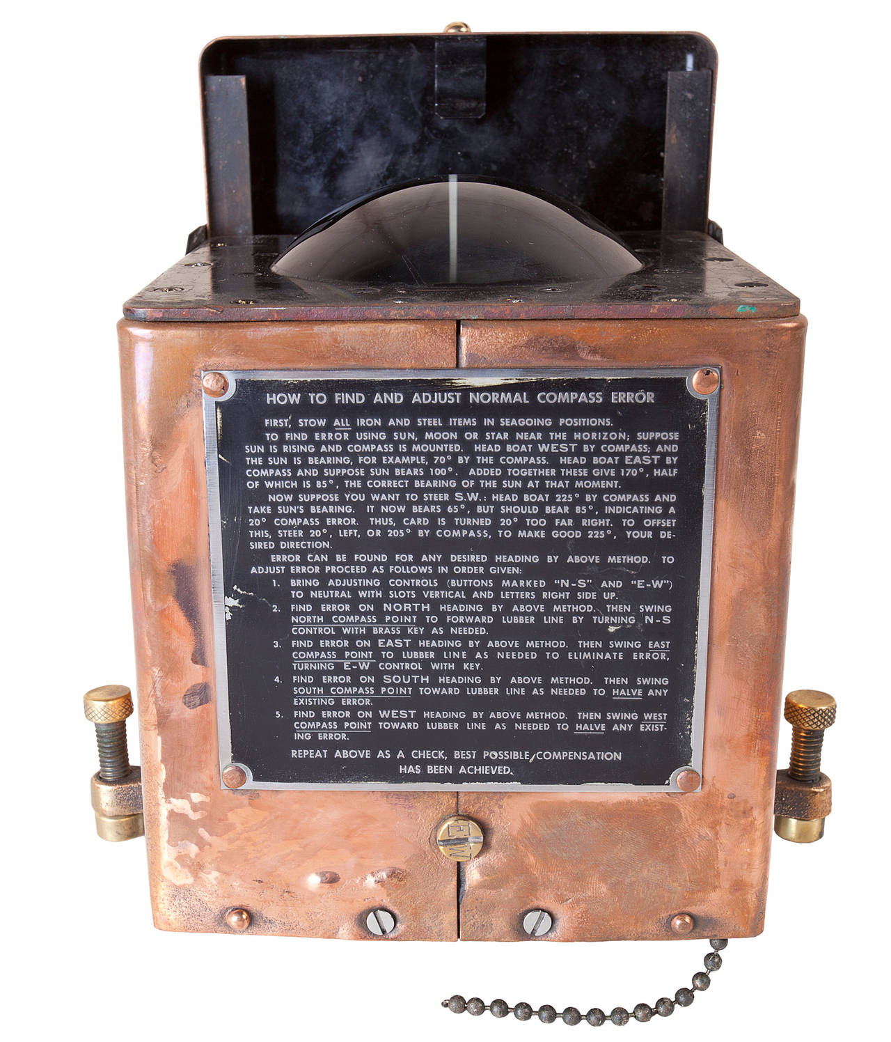 A working copper compass from an American Ship's lifeboat. The lid closes to protect it from the elements and the original plaque is still mounted on the front face of the box, mid-century.

Nautical antiques and Artifacts, located on Nantucket.