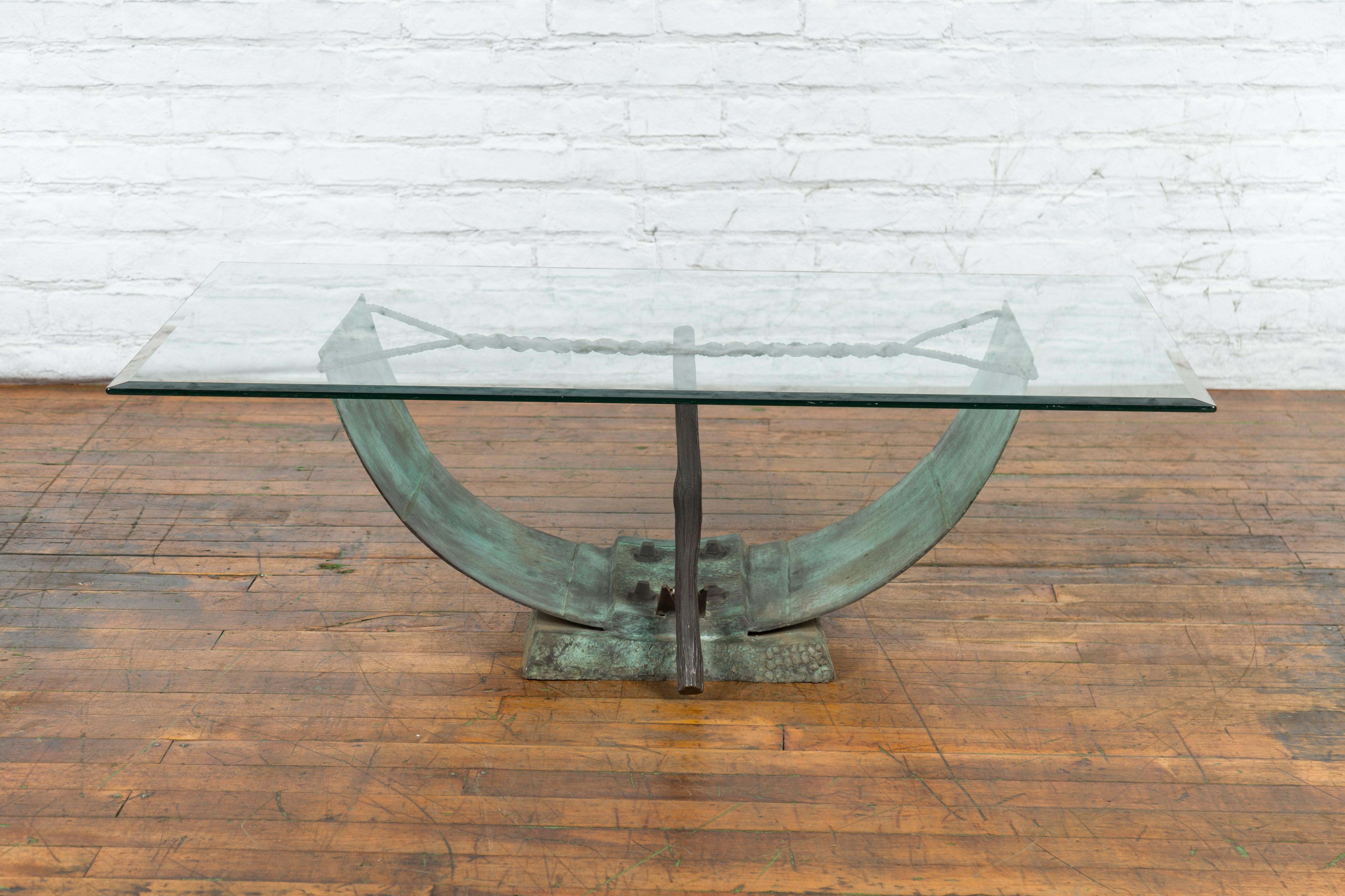 Nautical Egyptian Inspired, Barge Style Verde Bronze Coffee Table Base For Sale 8