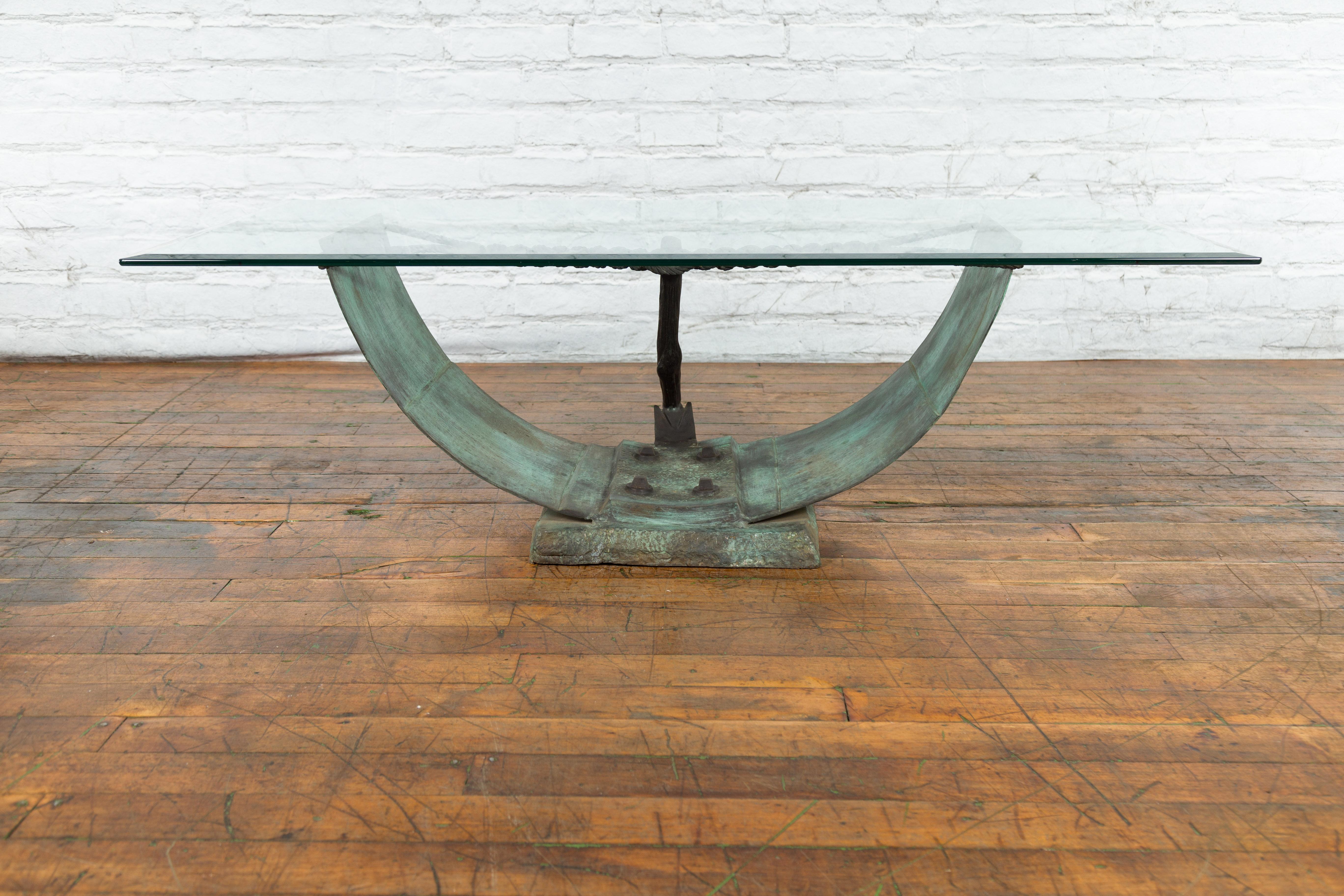 Cast Nautical Egyptian Inspired, Barge Style Verde Bronze Coffee Table Base For Sale