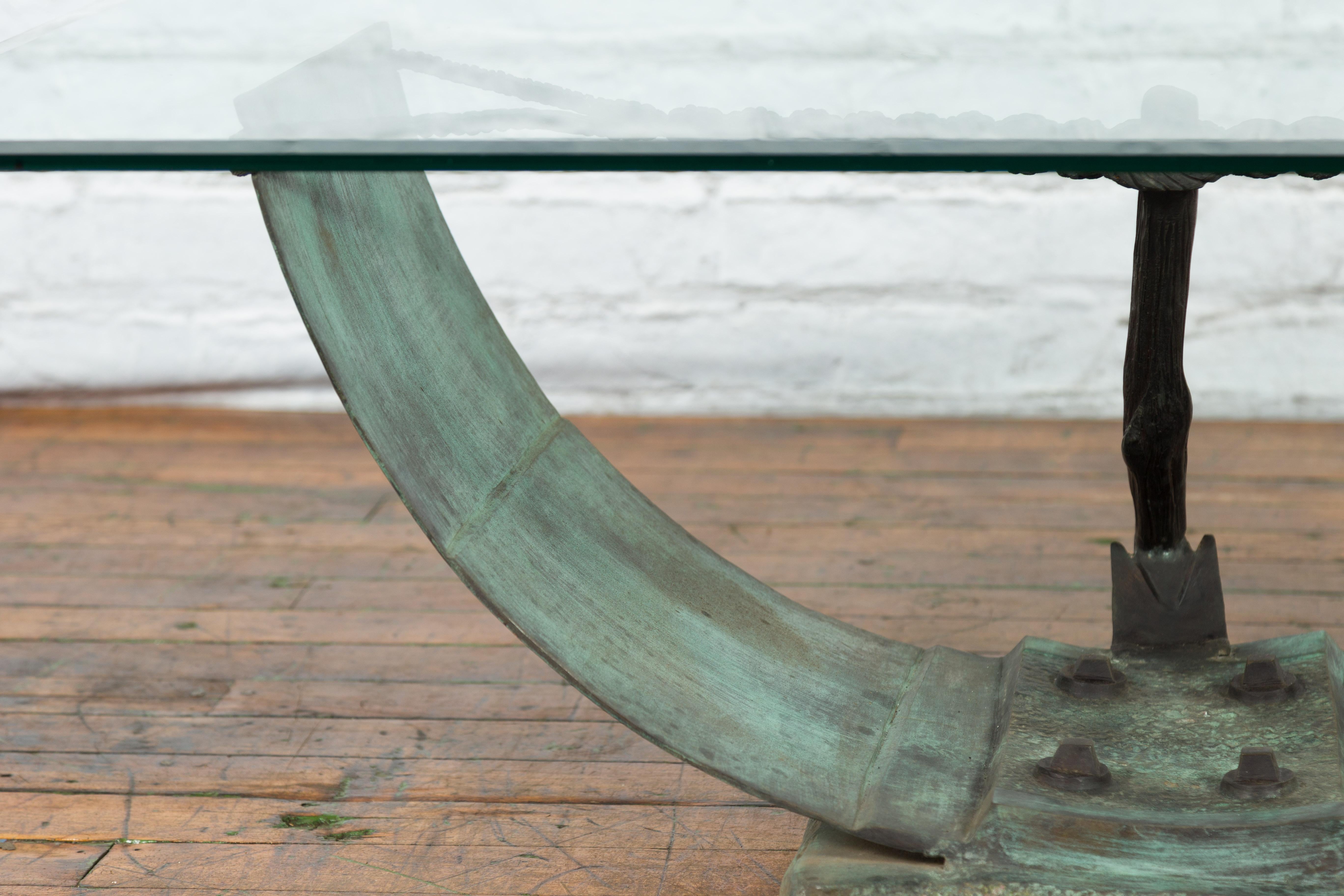 Contemporary Nautical Egyptian Inspired, Barge Style Verde Bronze Coffee Table Base For Sale