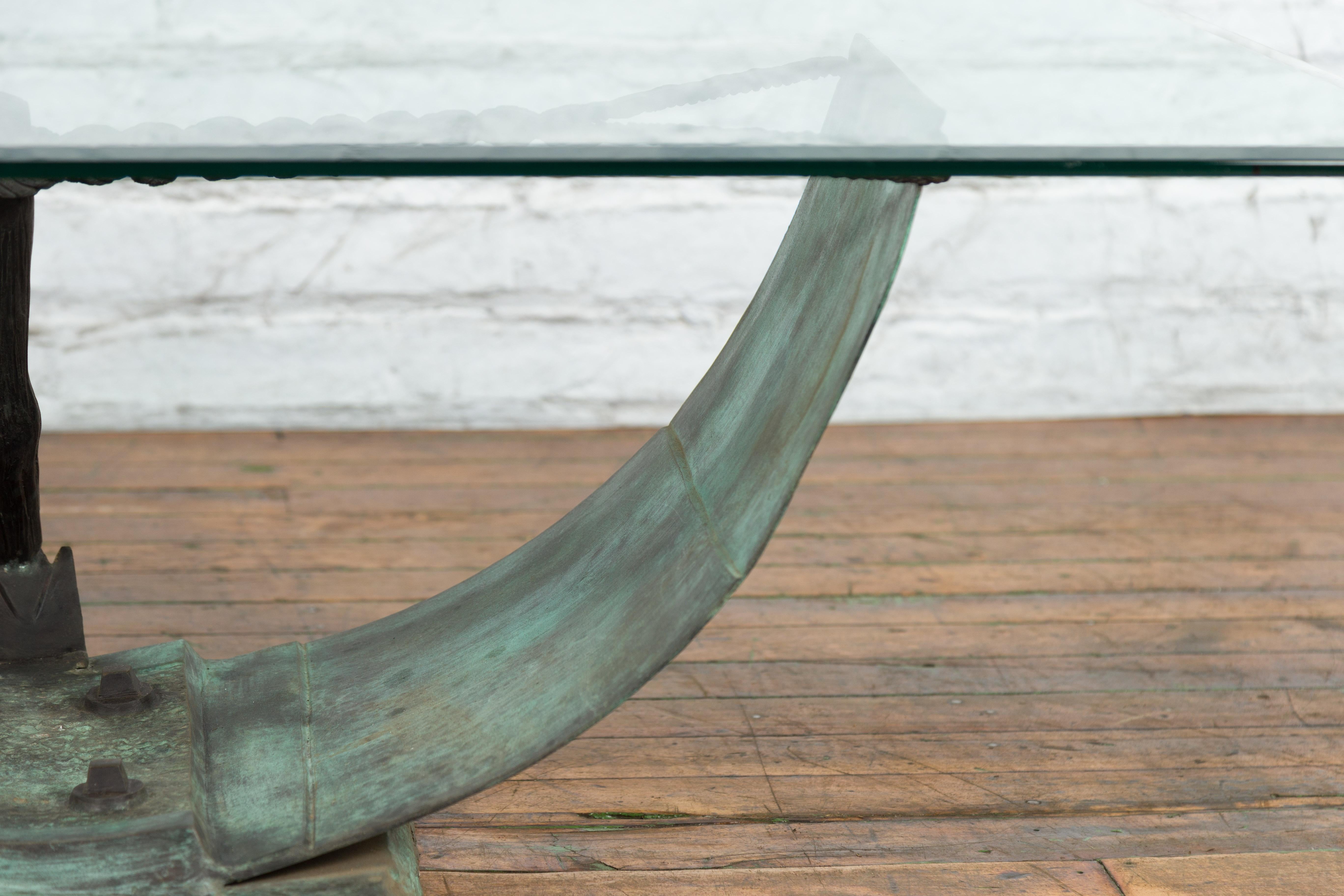 Nautical Egyptian Inspired, Barge Style Verde Bronze Coffee Table Base For Sale 1