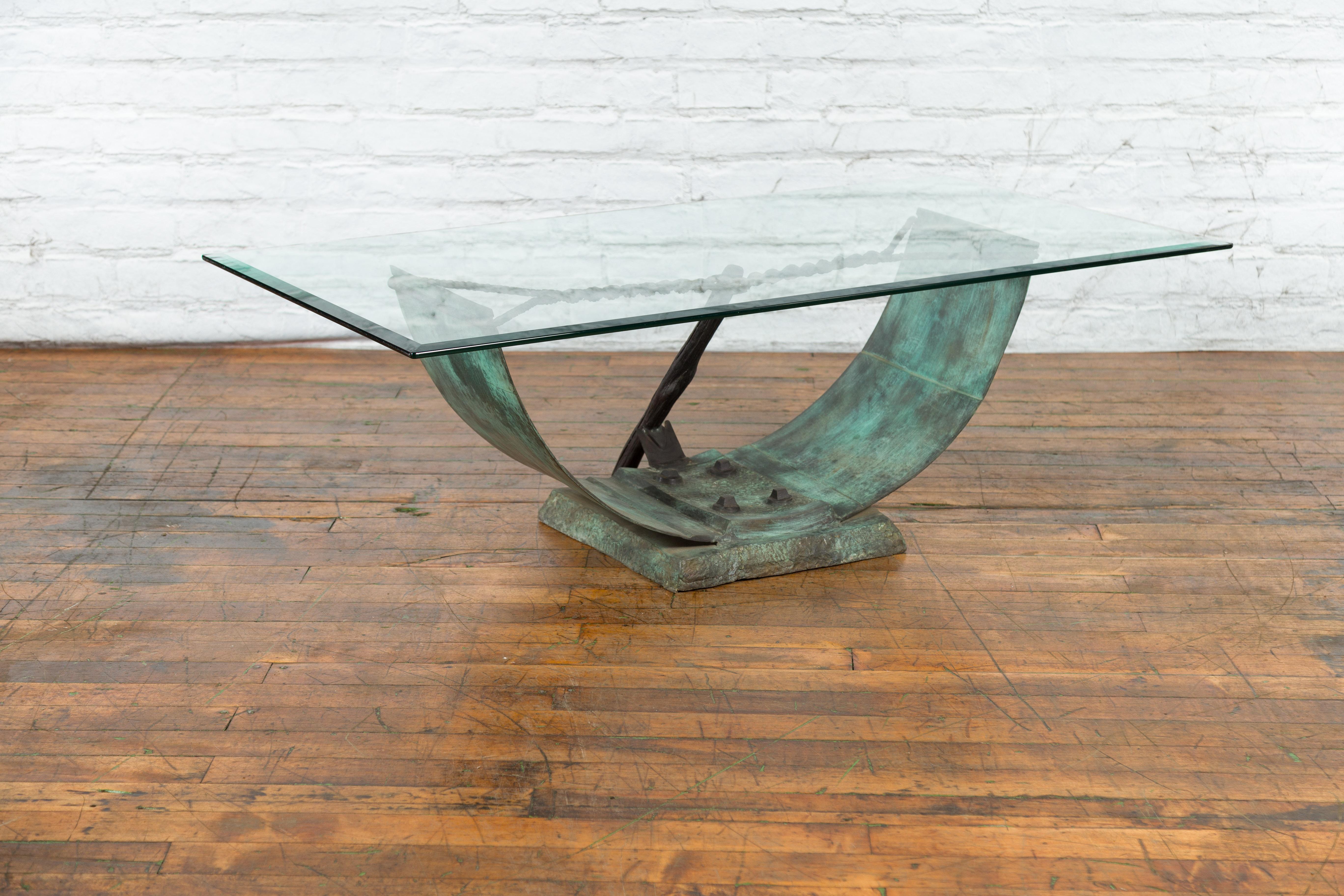 Nautical Egyptian Inspired, Barge Style Verde Bronze Coffee Table Base For Sale 4