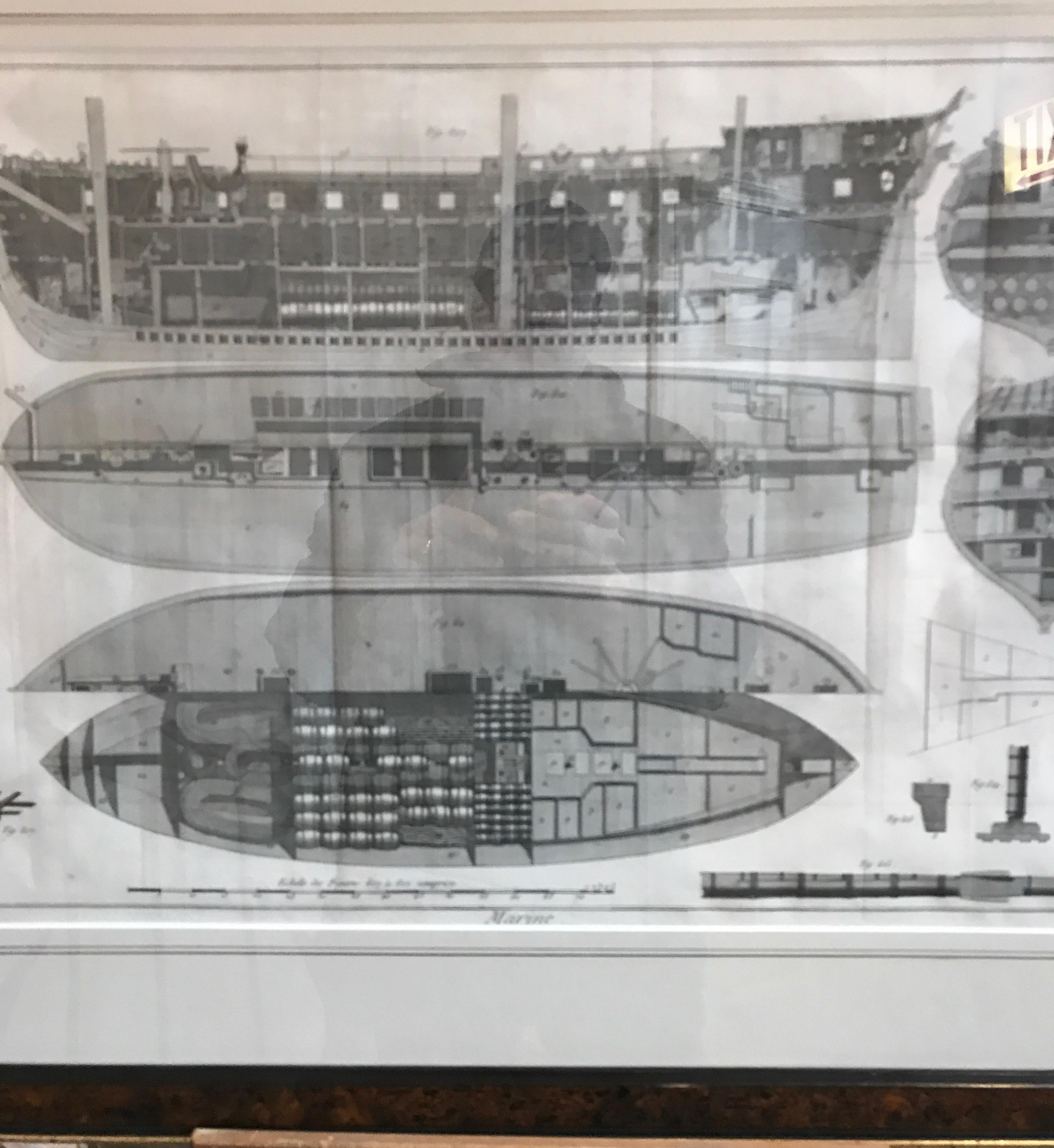18th century engraving of Marine Ships from the Panckouke Encyclopedie.
The work was published by the Parisian bookseller Charles-Josheph Panckouke.
It features all phases of shipbuilding.