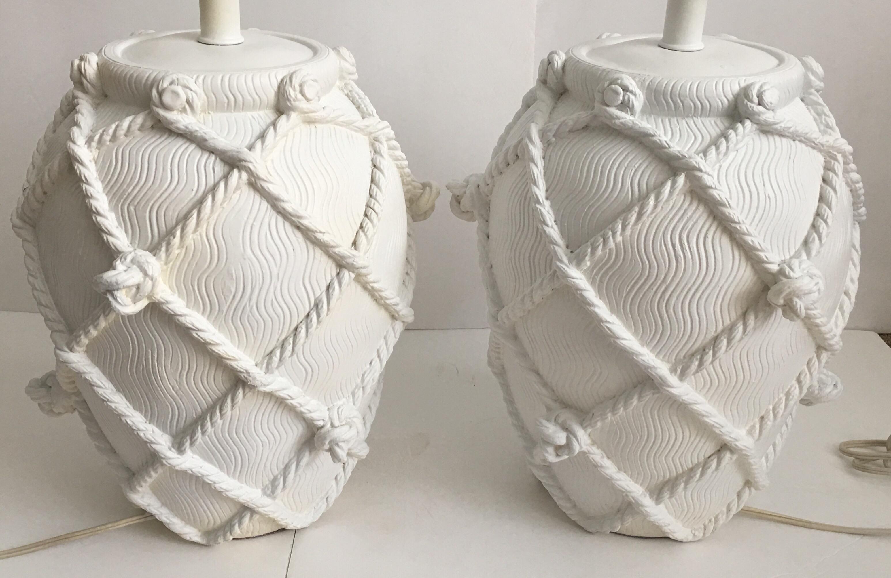 Mid-Century Modern Nautical Faux Rope Ginger Jar Plaster Table Lamps