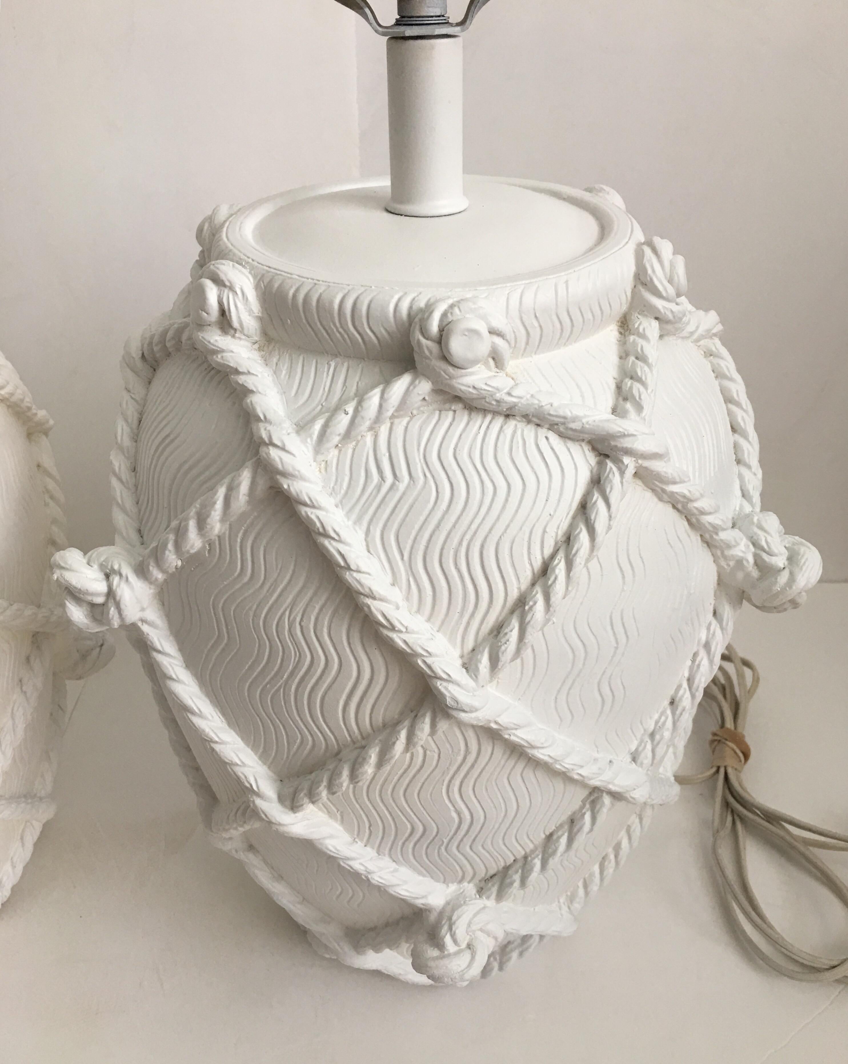Nautical Faux Rope Ginger Jar Plaster Table Lamps In Good Condition In Lambertville, NJ